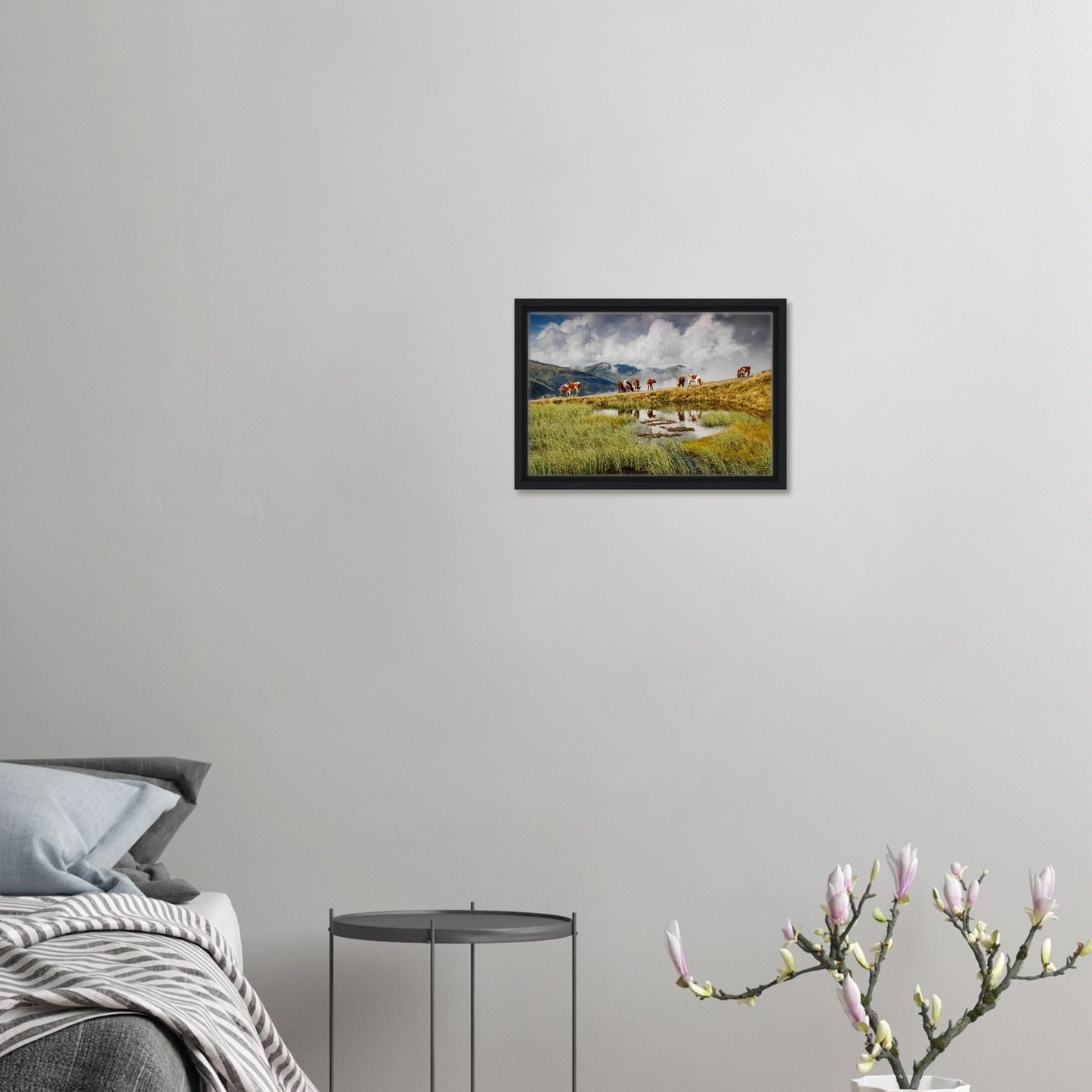 Reflective pond with cows in alpine meadow canvas print