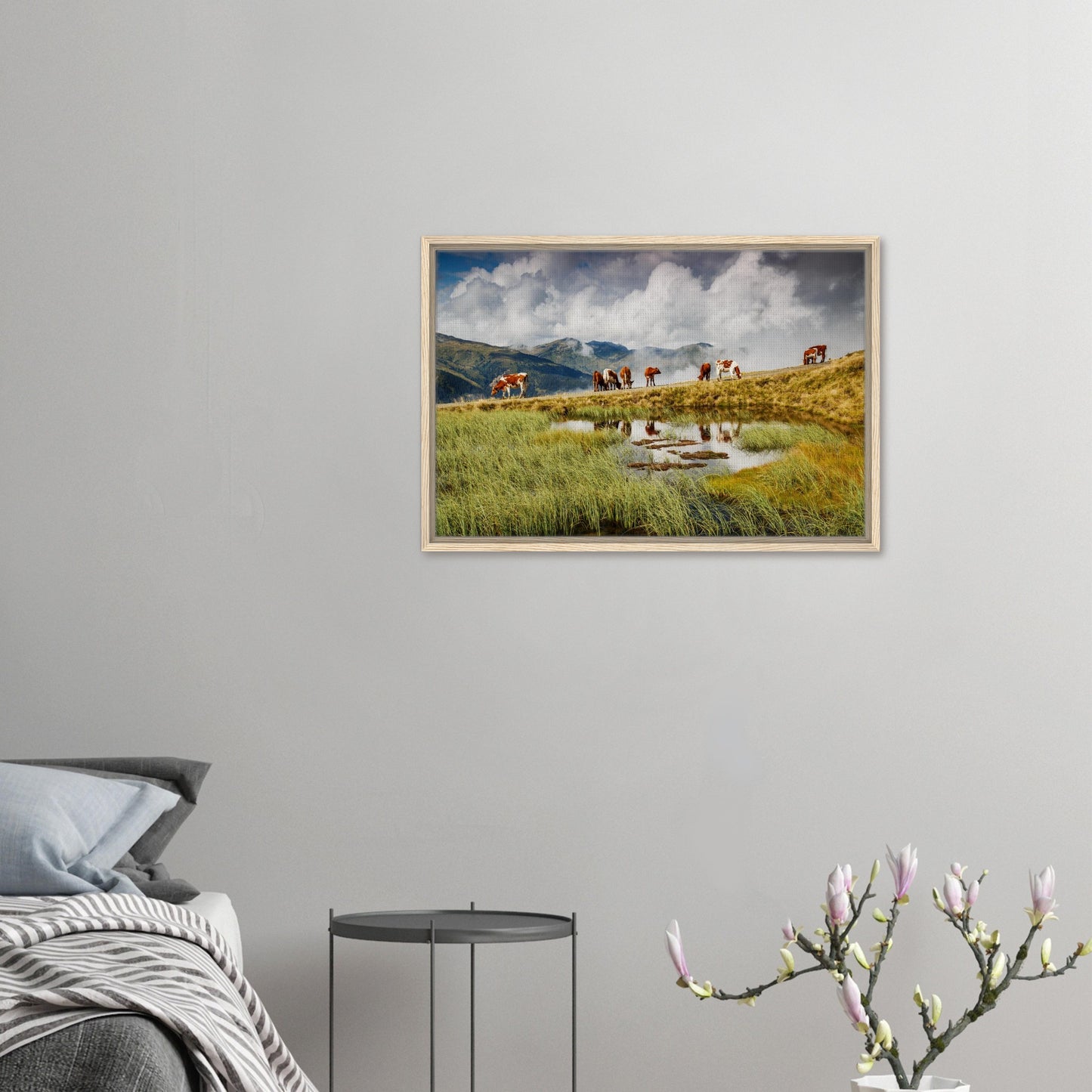 Resterhöhe framed canvas with cattle and misty mountains