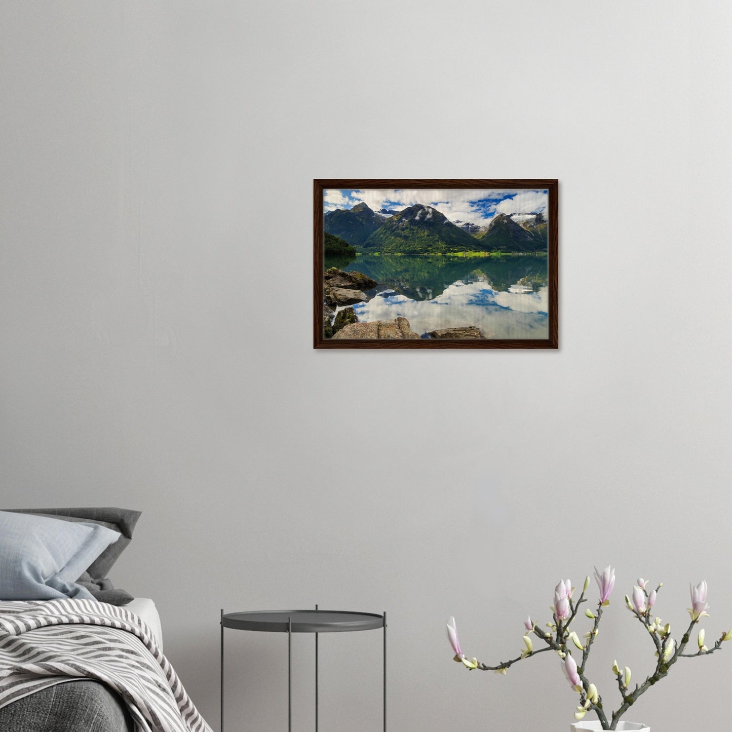 Landscape print of Norway with calm lake and rocky foreground