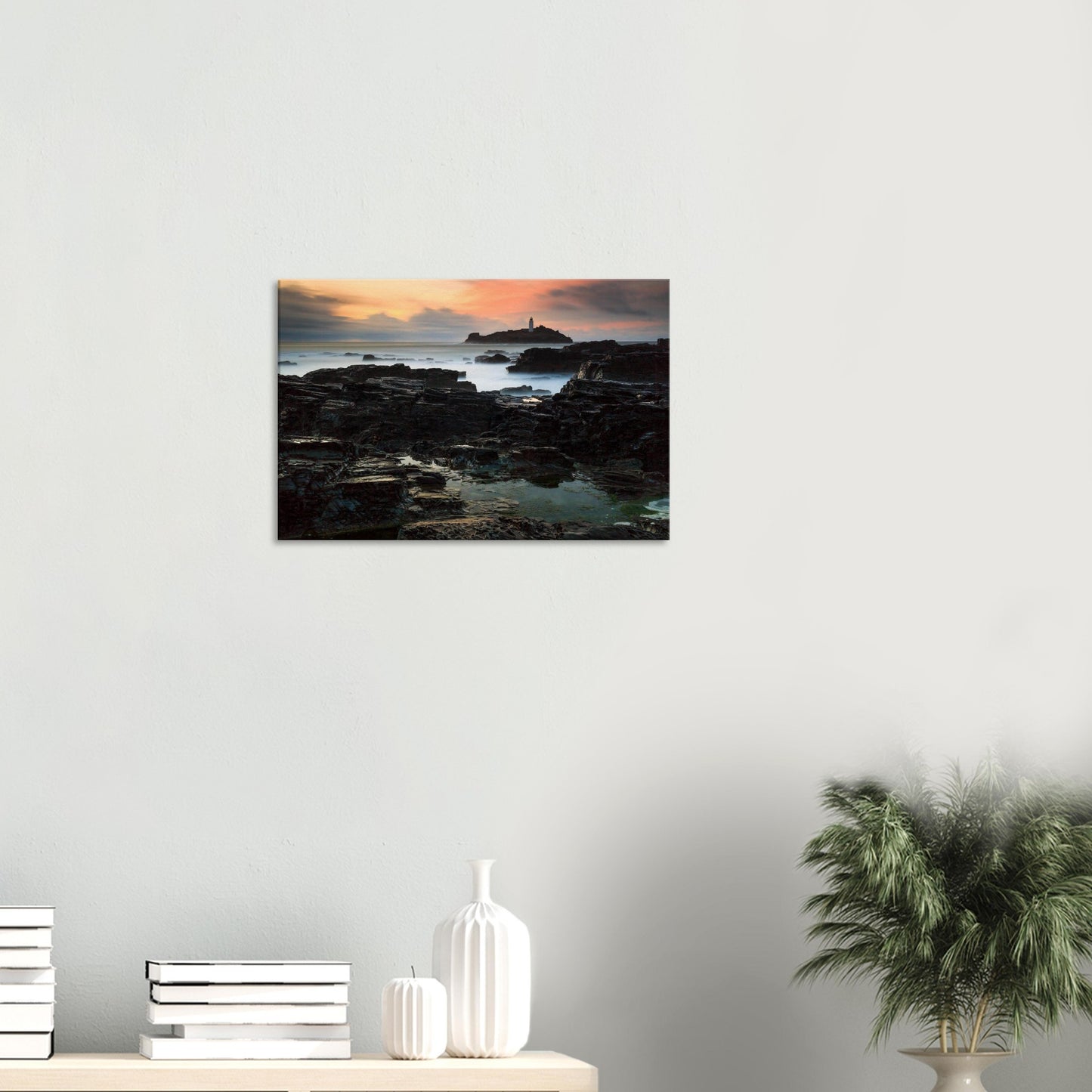 Canvas print of Godrevy Lighthouse glowing in the final light of day on Cornwall’s coast.