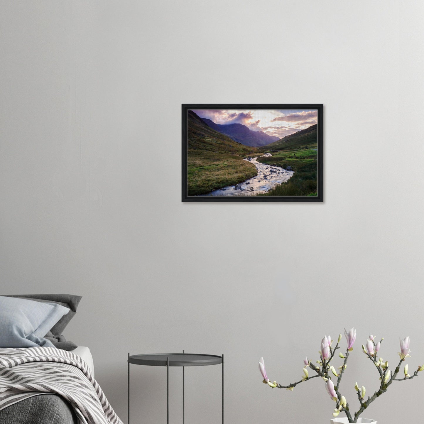 Serene brook winding through Honister Pass in framed canvas