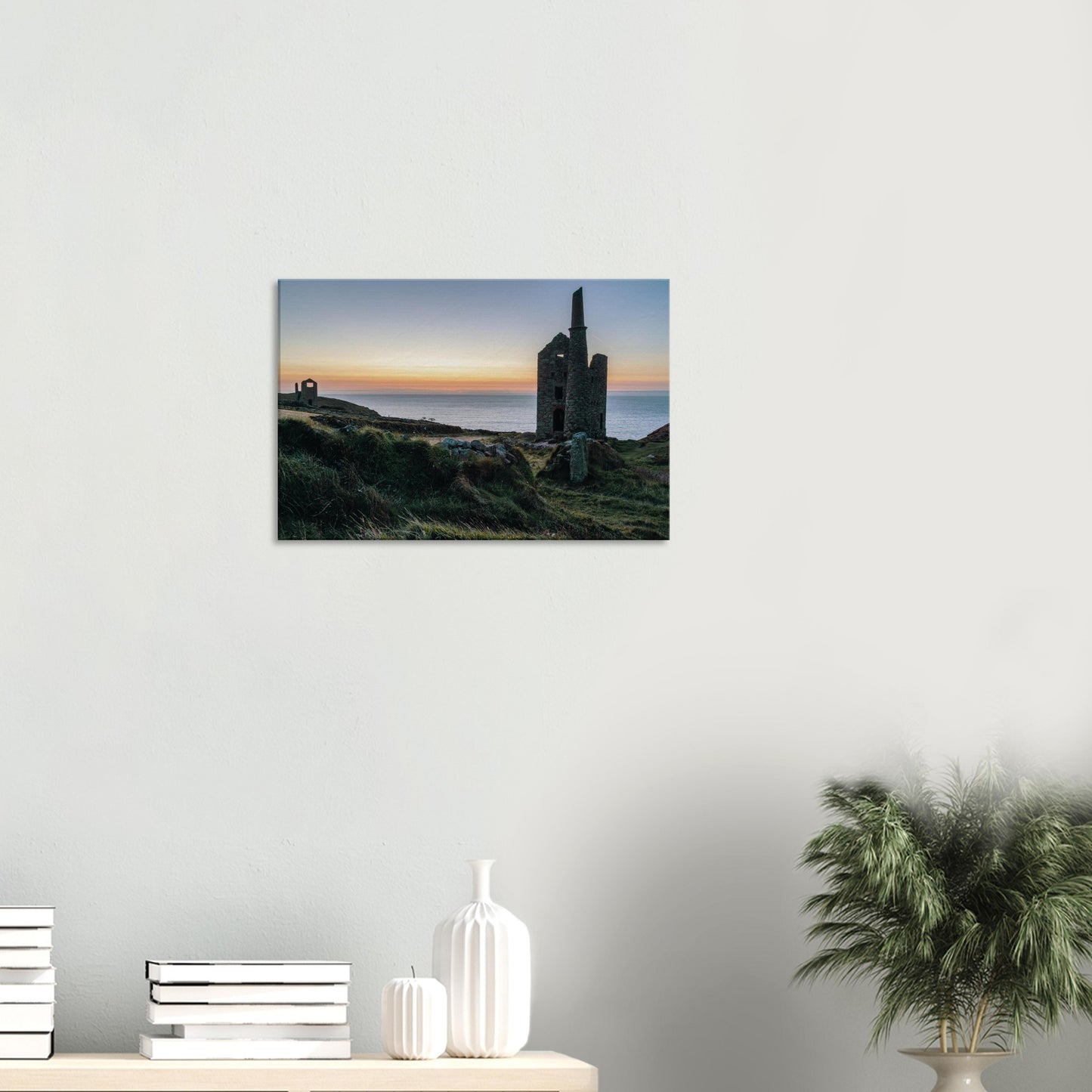 Twilight sky illuminating the Wheal Owles ruins overlooking the Atlantic Ocean