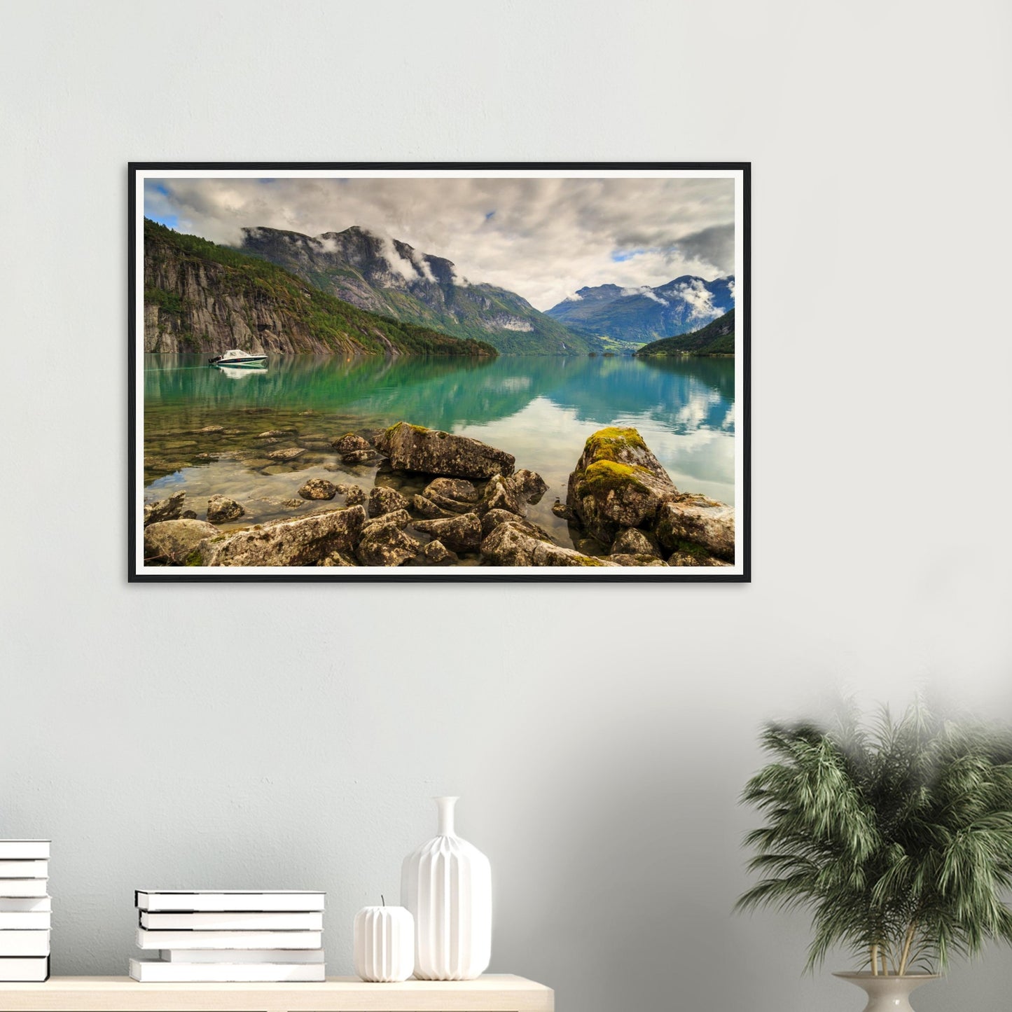 Atmospheric Norwegian lake framed wall art of Strynevatnet