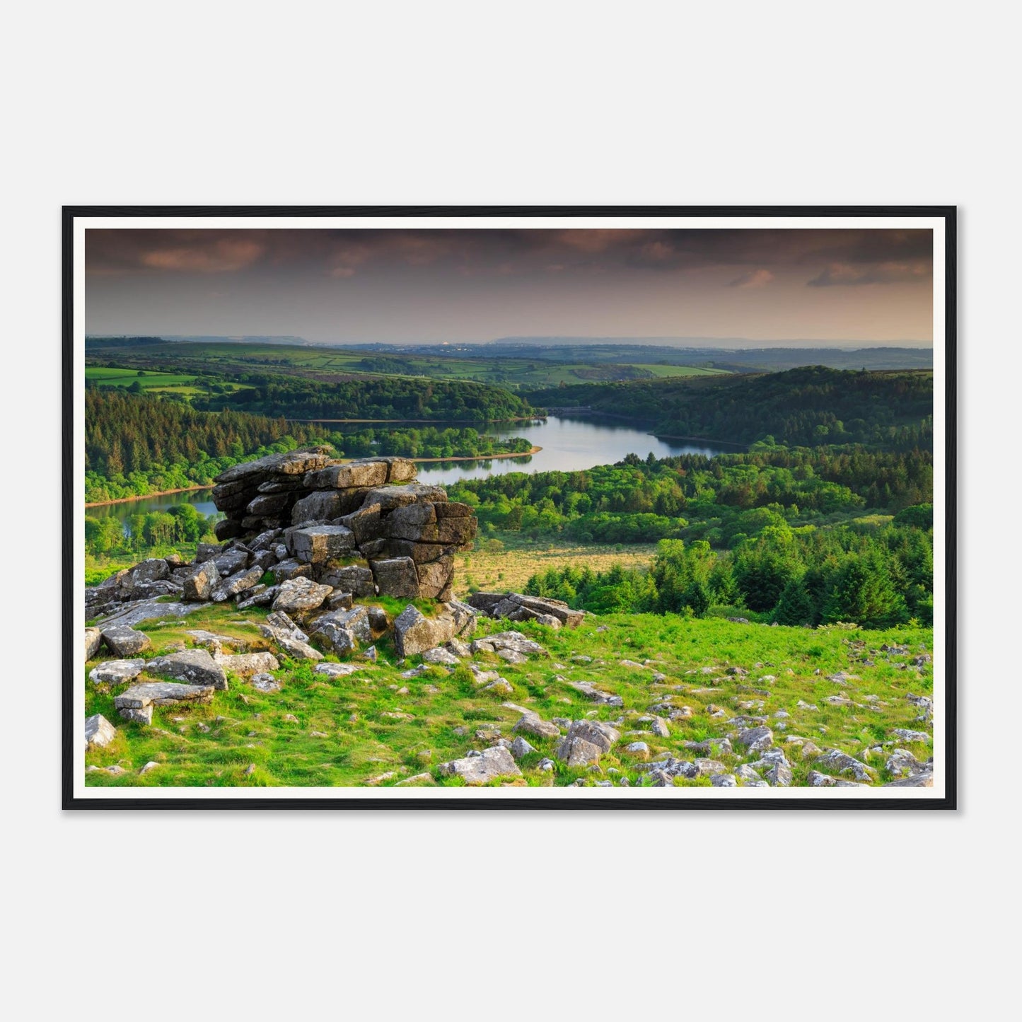 Scenic Dartmoor framed wall art of Leather Tor and Burrator lake