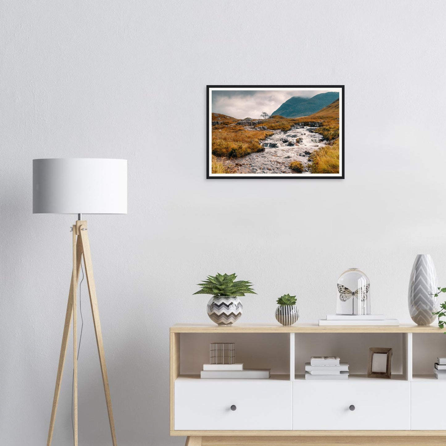 Framed print of Glencoe moorland with tumbling stream