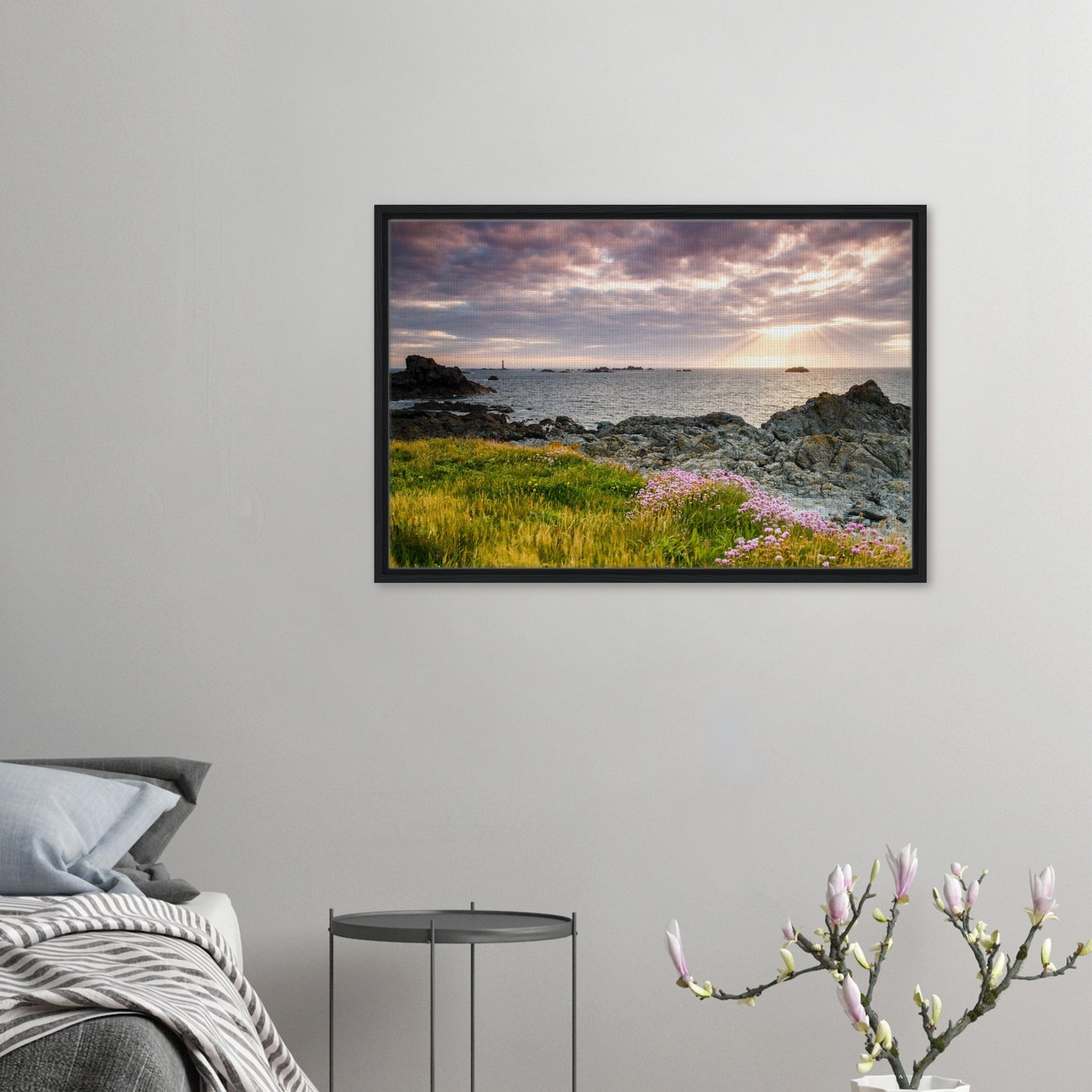 Framed canvas of Pleinmont Point sunset with Les Hanois Lighthouse