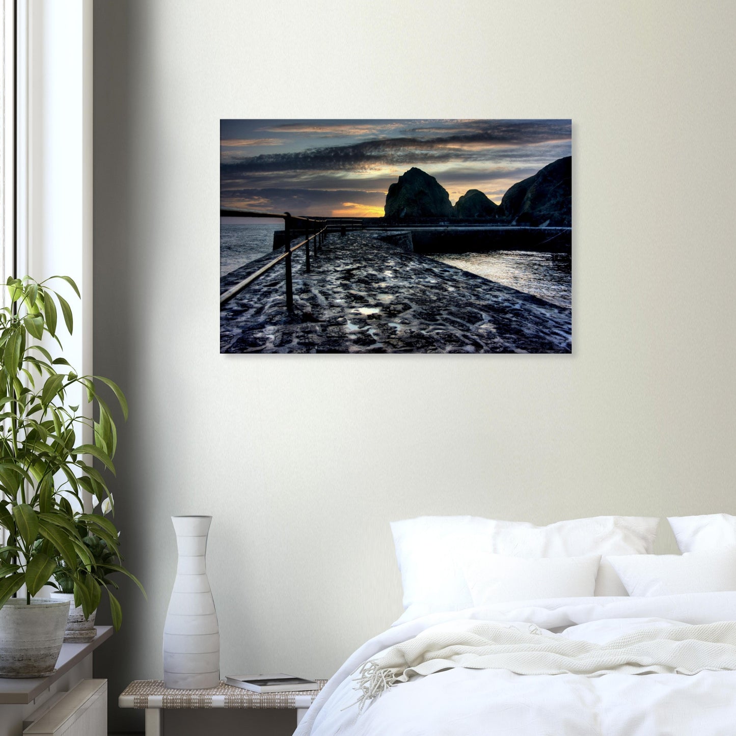 Peaceful coastal print of Cornwall’s Mullion Cove at dusk