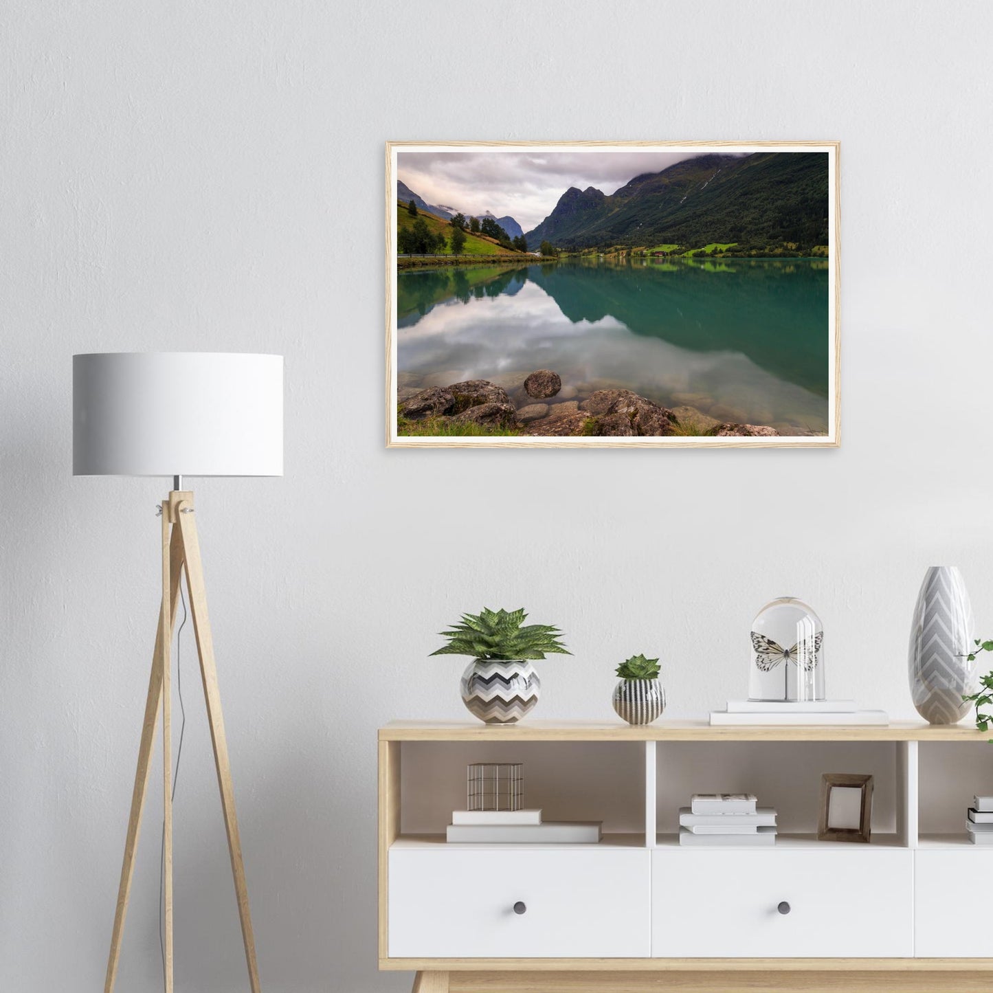 Gentle pebbles lining Lake Floen shoreline framed print