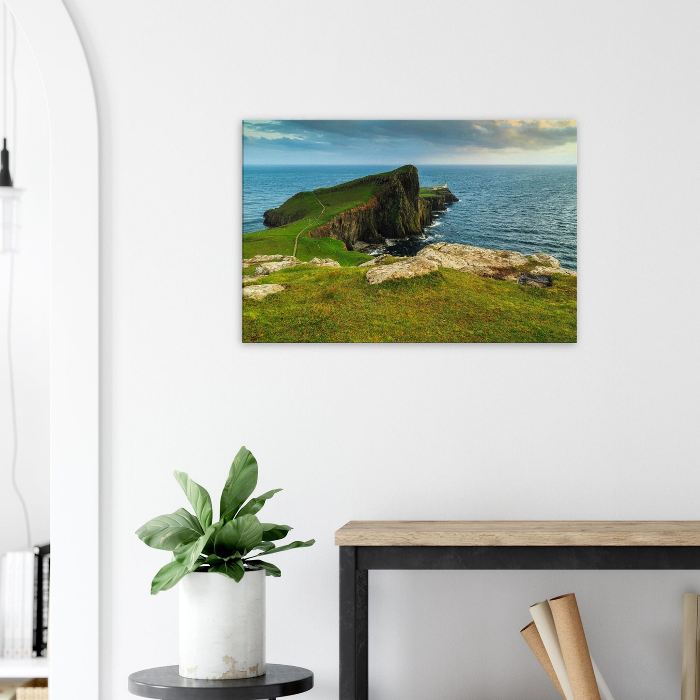 Bold coastal artwork of Neist Point on Skye, with iconic lighthouse and powerful seascape.