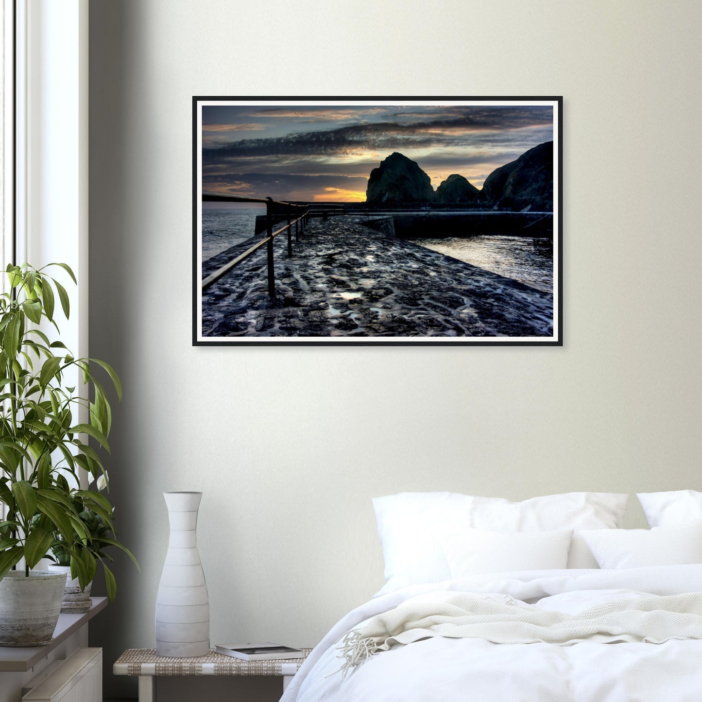 Atmospheric seascape of Mullion Cove captured at dusk