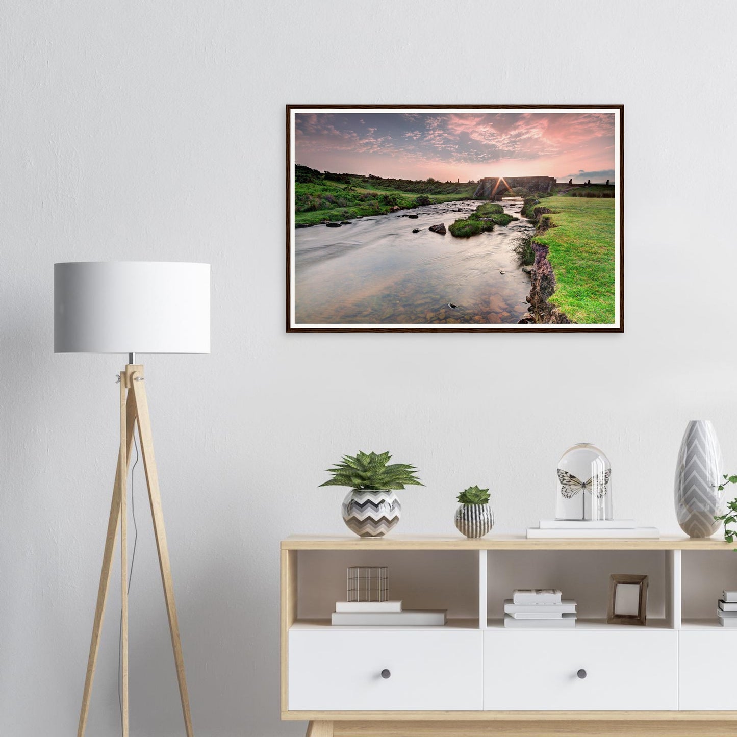 Dartmoor National Park sunrise framed print with ancient bridge