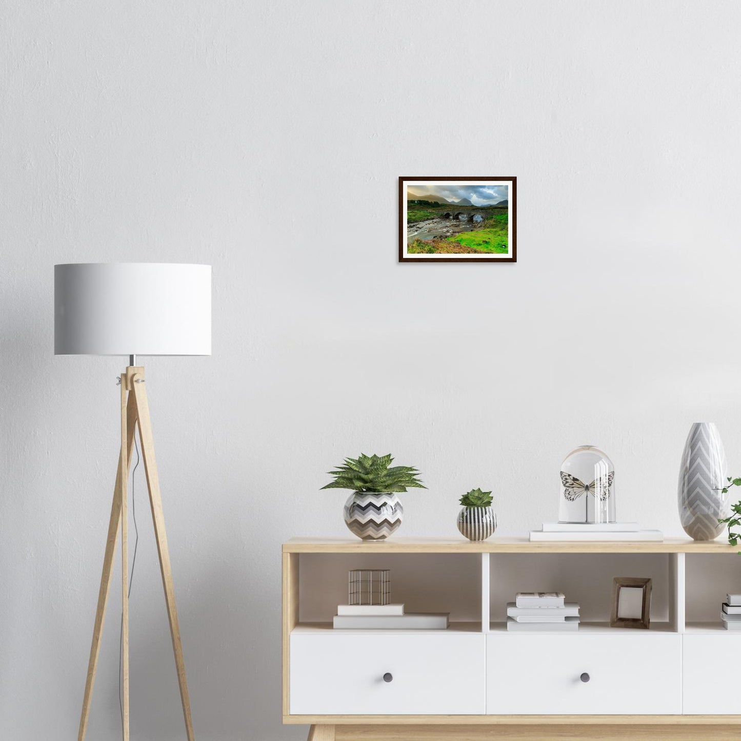 Pebbled river at Sligachan with historic bridge framed print