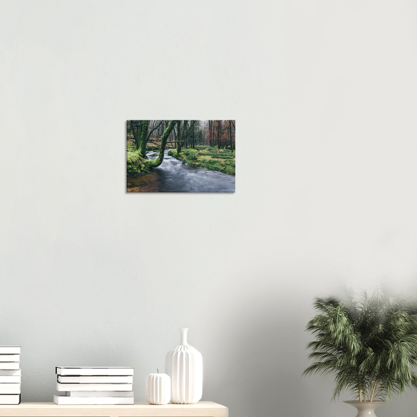 Woodland river on Dartmoor captured in canvas print with soft flow and natural textures