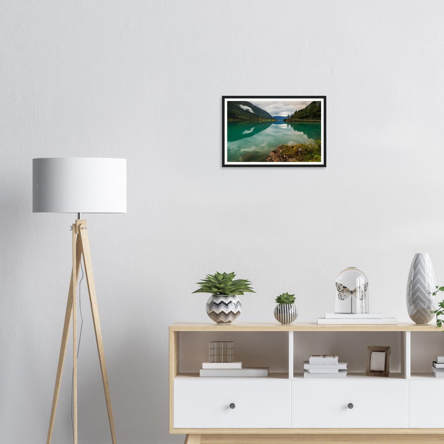 Framed print of Oldevatnet Lake with lush green valley slopes