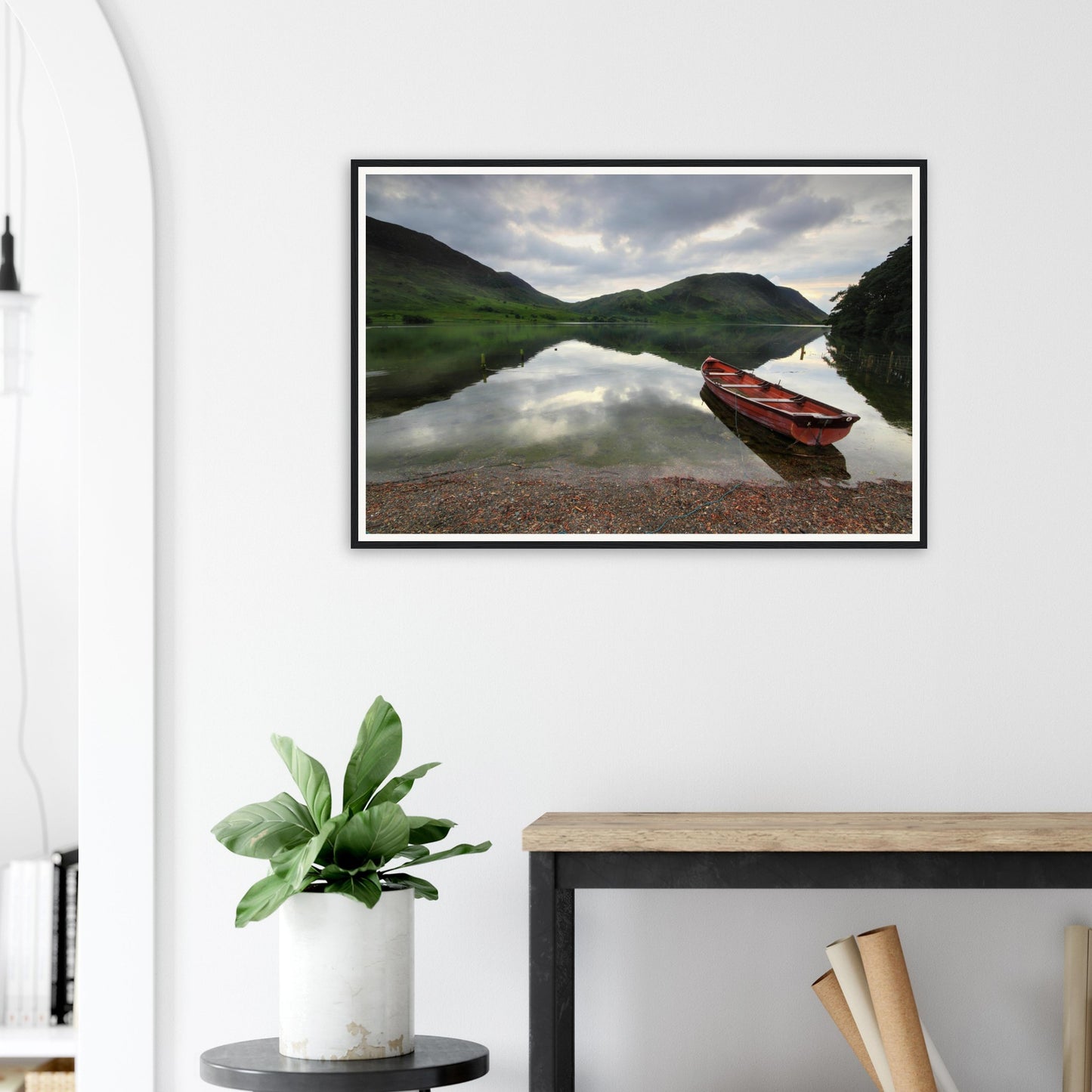 Lake District framed wall art featuring Crummock Water and red boat