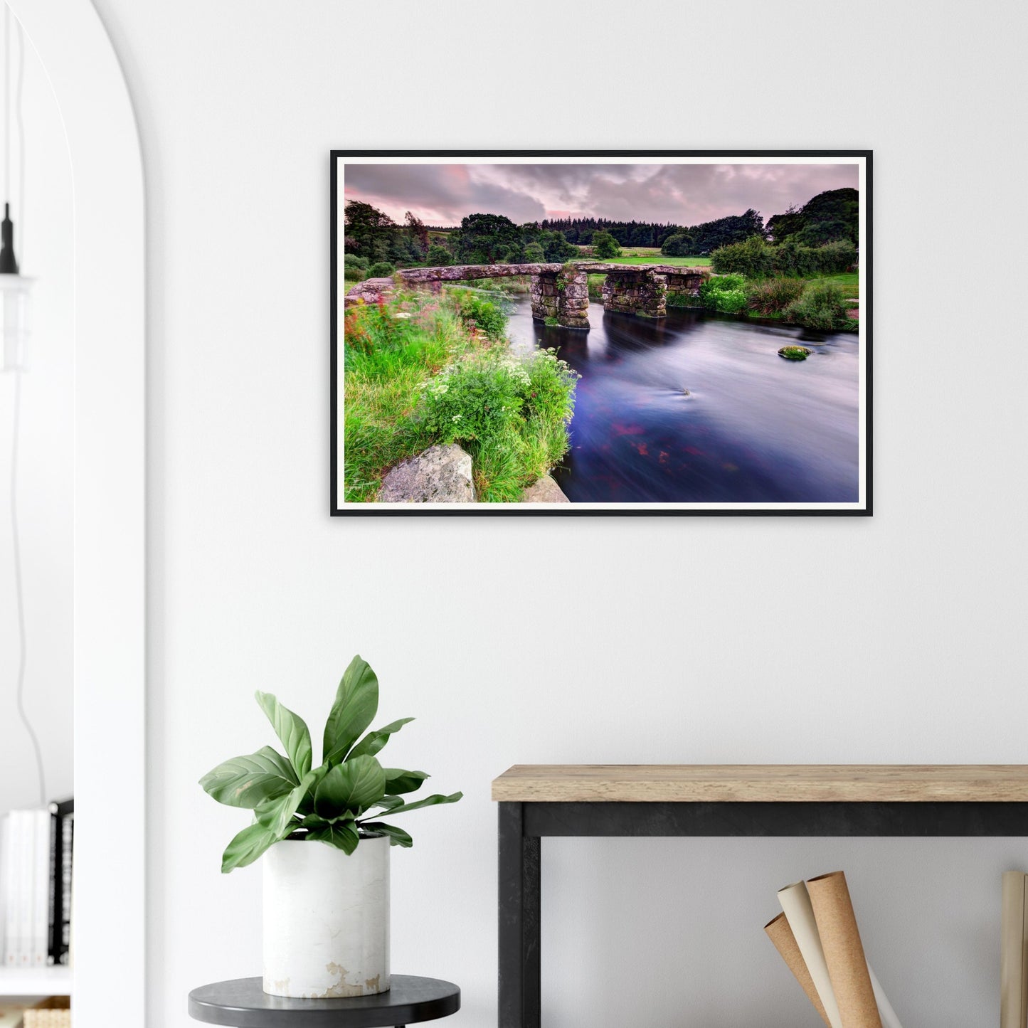 Dartmoor clapper bridge framed wall art celebrating rustic beauty