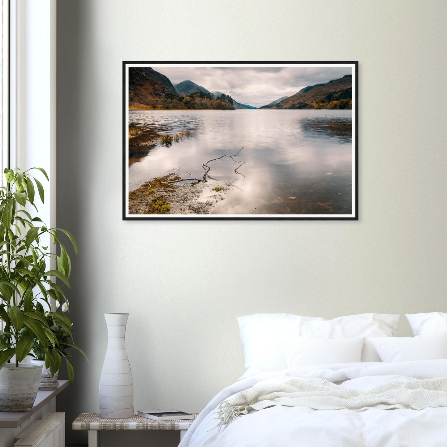 Moody Highlands framed wall art of Loch Shiel reflections