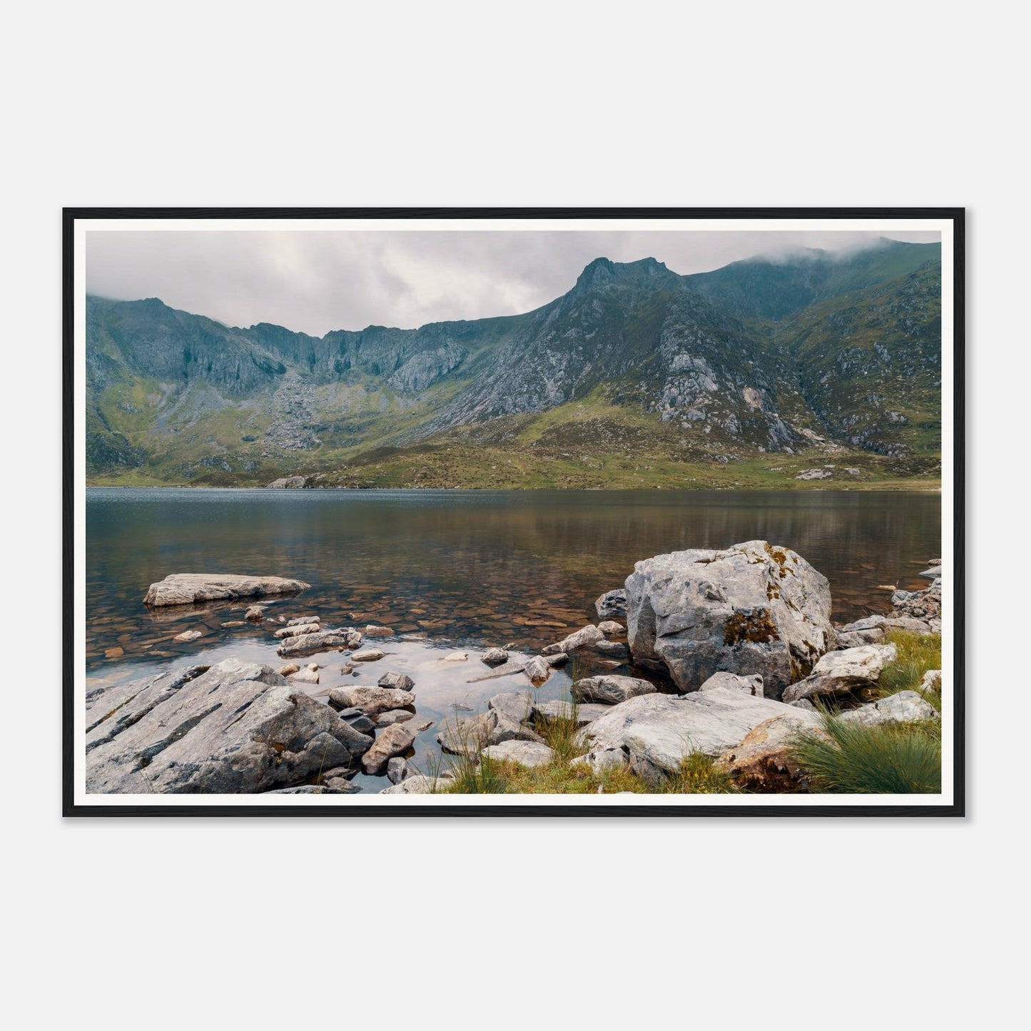 Scenic framed wall art of Llyn Idwal reflecting Welsh mountains