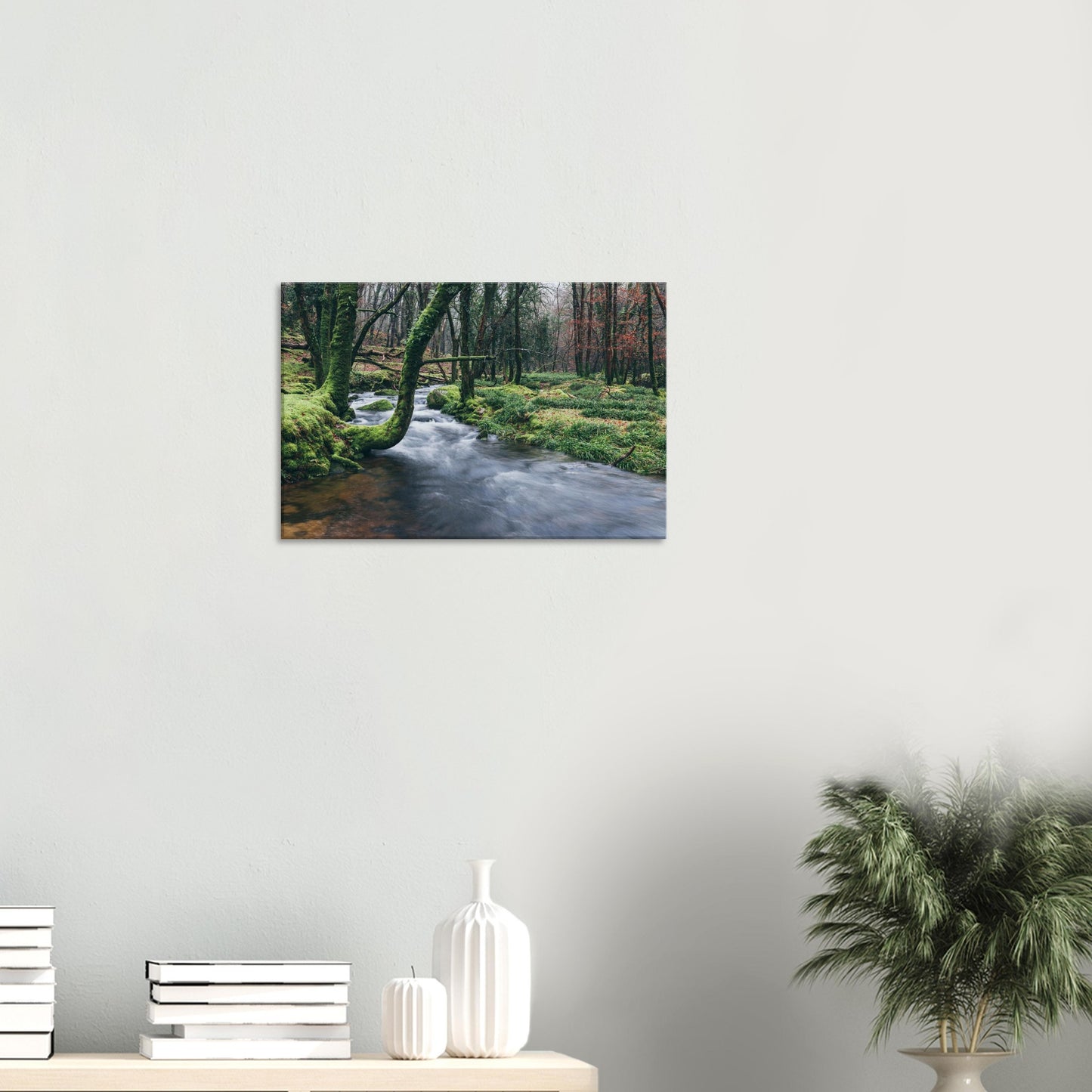 Serene river scene in Dartmoor with moss-covered trees and softly flowing current