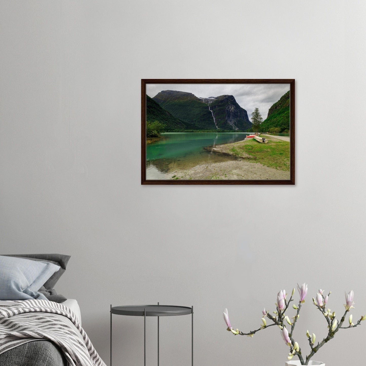 Majestic Norwegian peak and waterfall in framed wall art