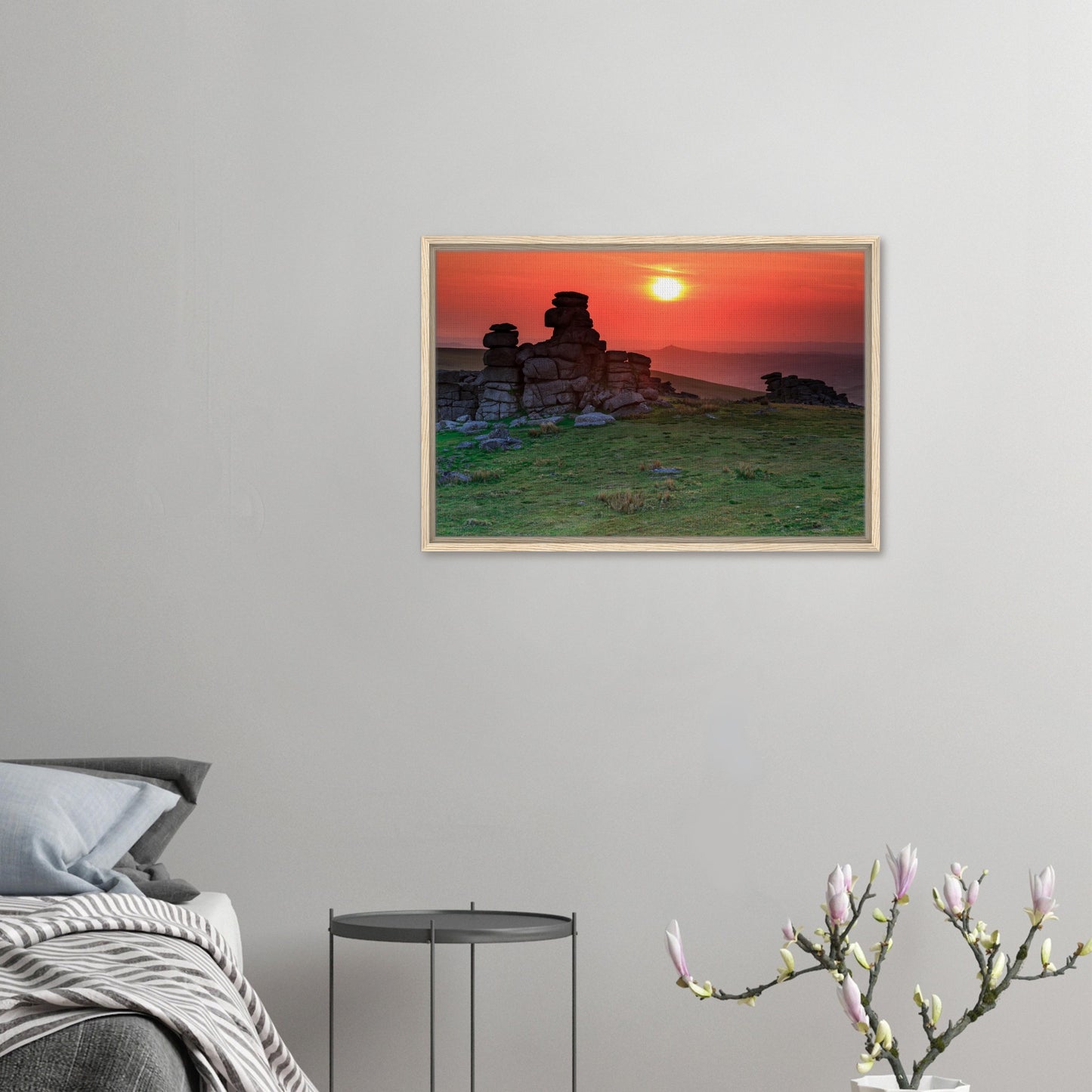 Rugged moorland scene with granite tor at sunset in canvas