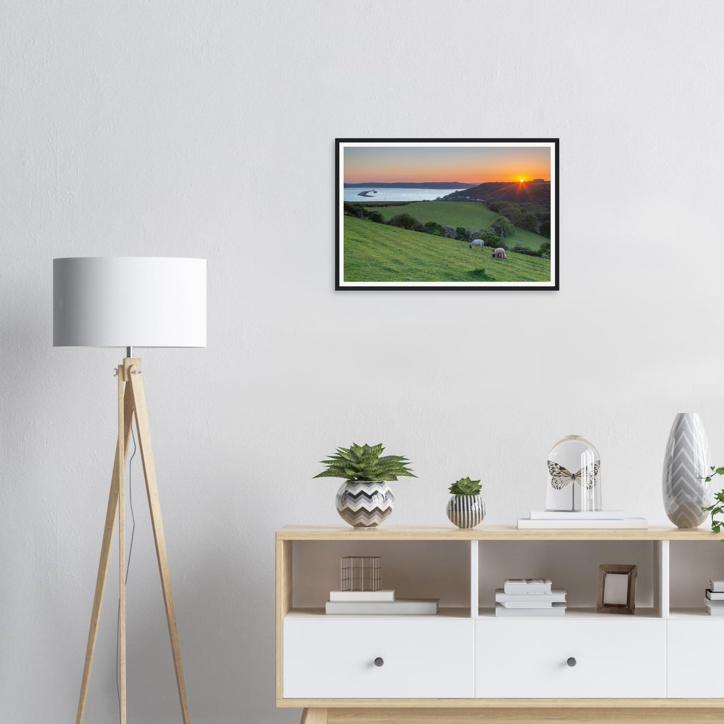 Sunset seascape framed print of Plymouth Sound with hillside view