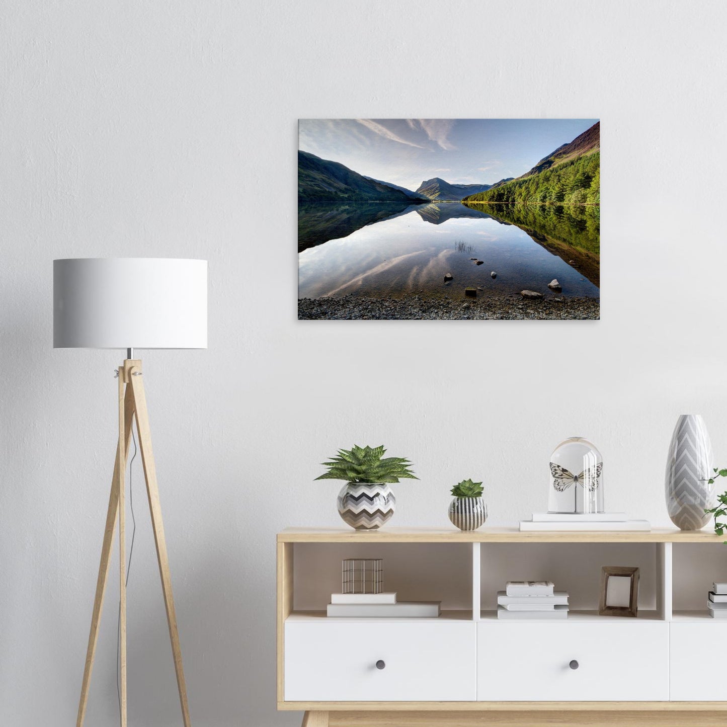 Lake District canvas print of Buttermere with still water, crisp reflections of sky and mountains, and soft morning illumination.