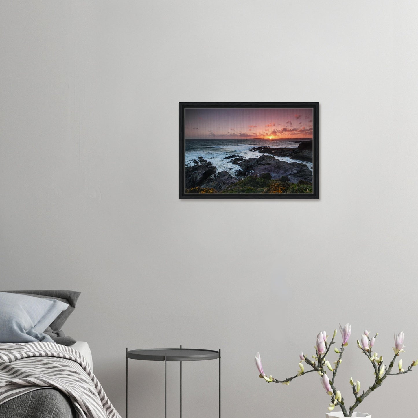 Sunset sky and silhouetted rocks at Heybrook Bay in canvas print