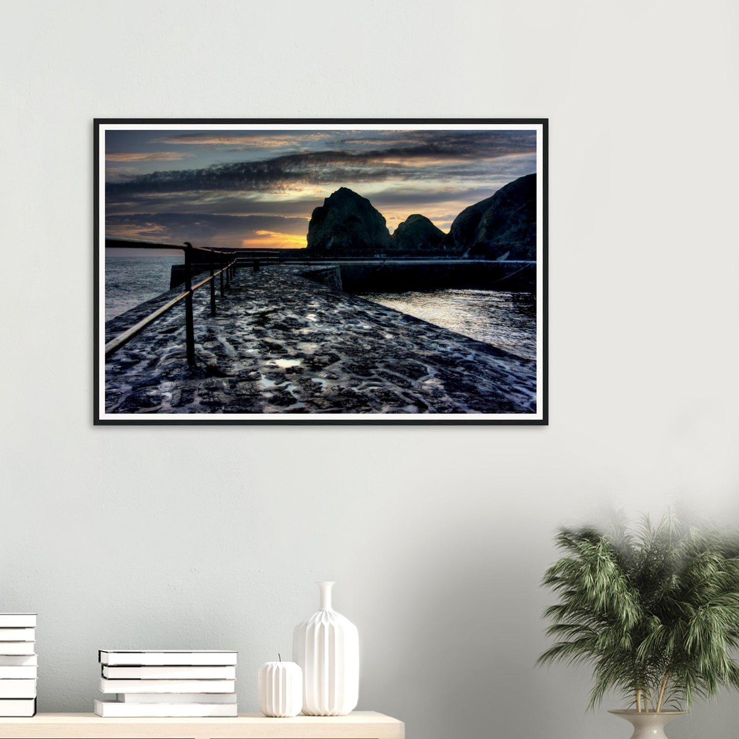 Mullion Cove slipway sunset framed canvas print for coastal décor