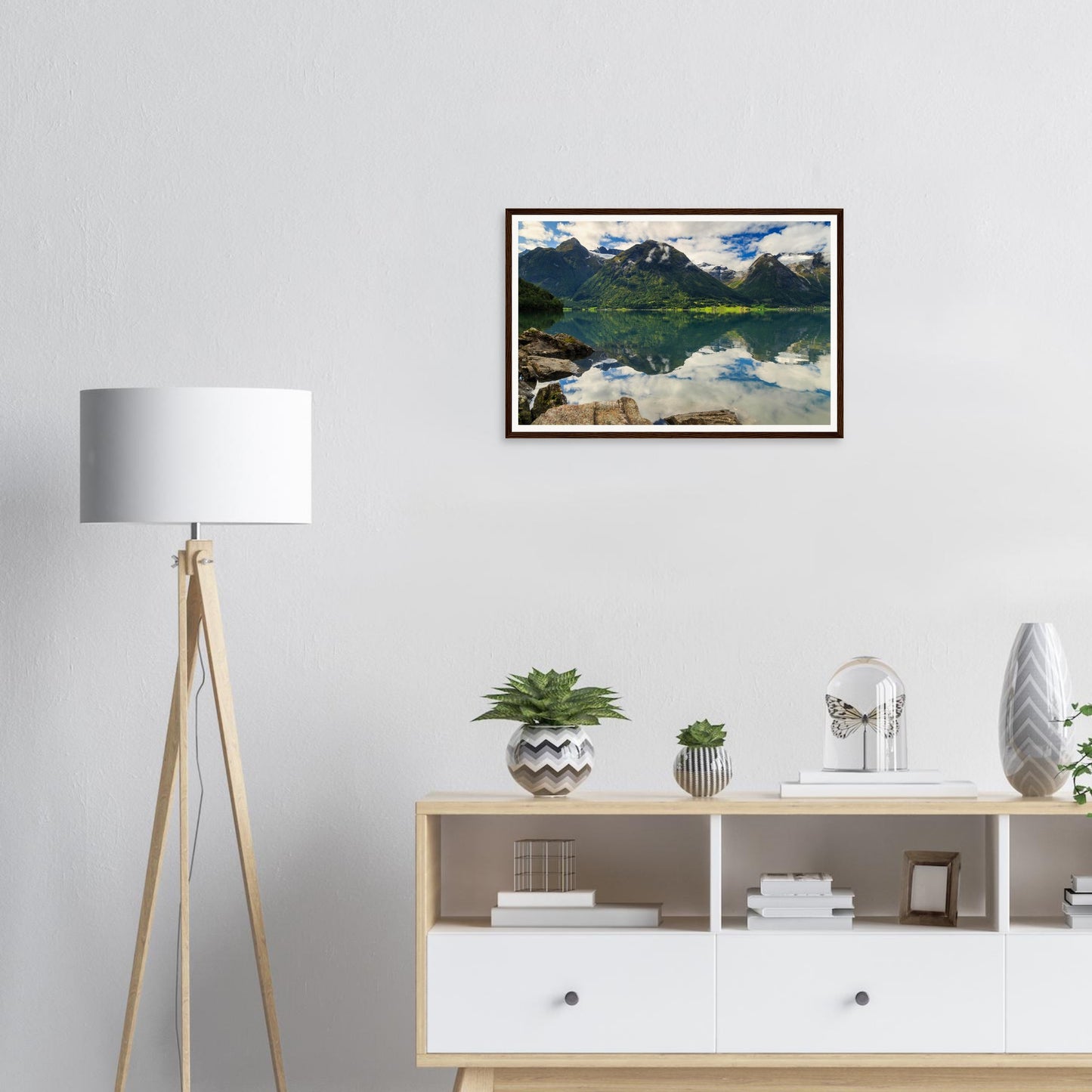 Scenic framed print of cotton cloud reflections in Strynevatnet