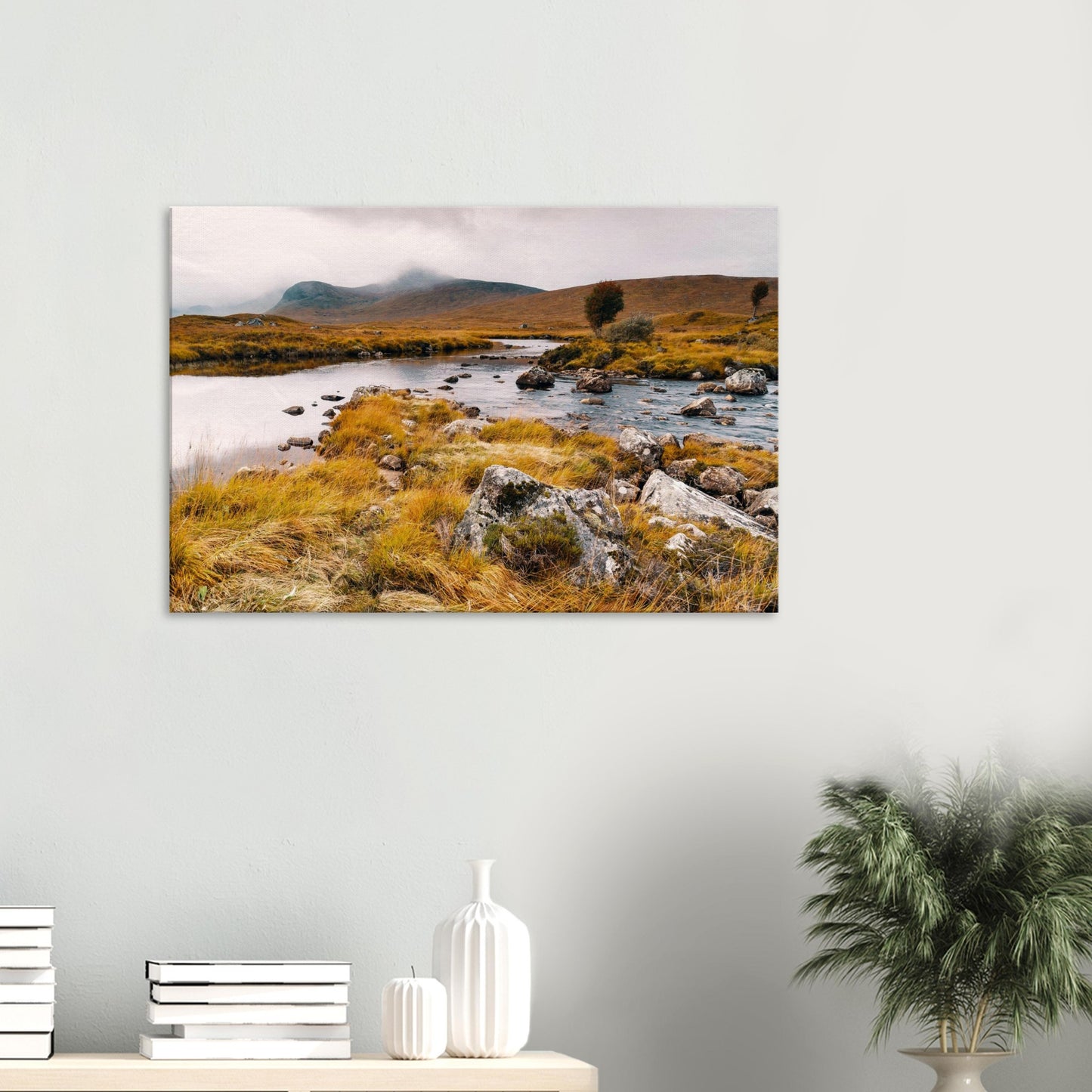 Loch Ba canvas print with misty Highlands and still waters