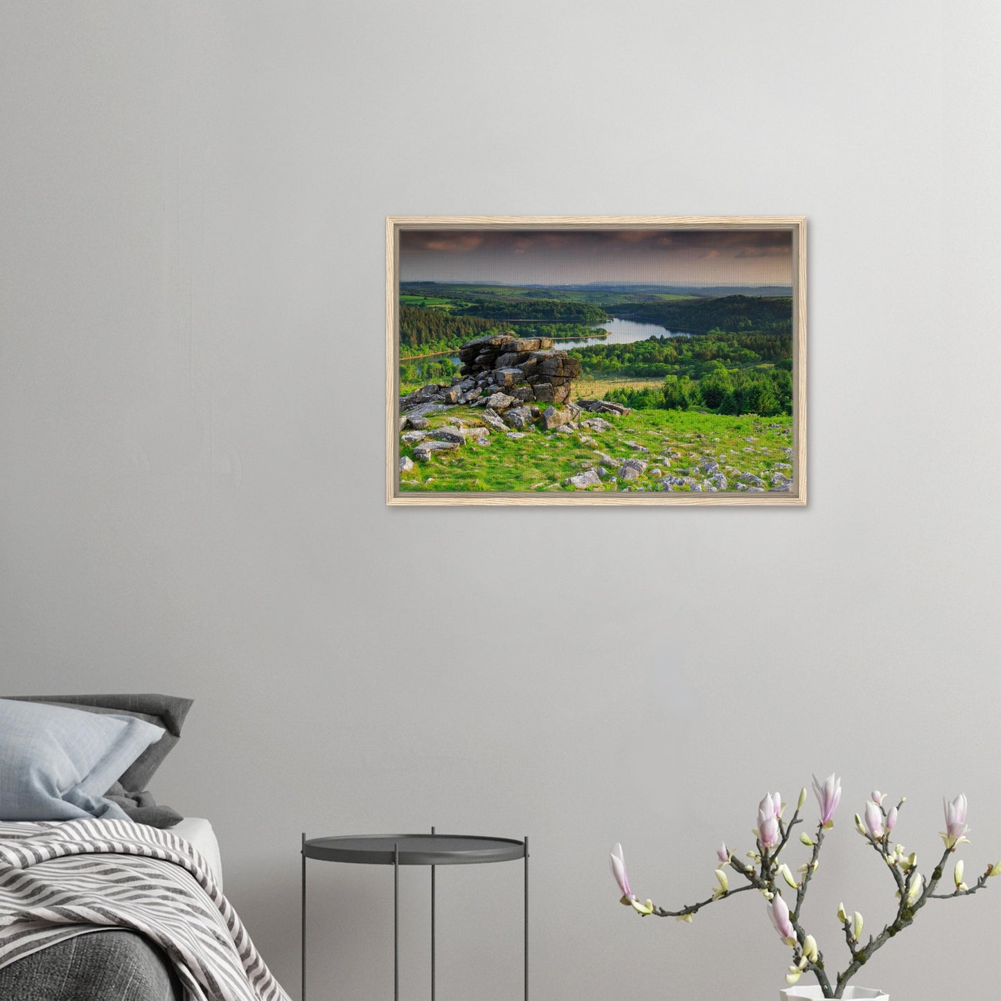 Devon countryside scene with Leather Tor and reservoir in artwork