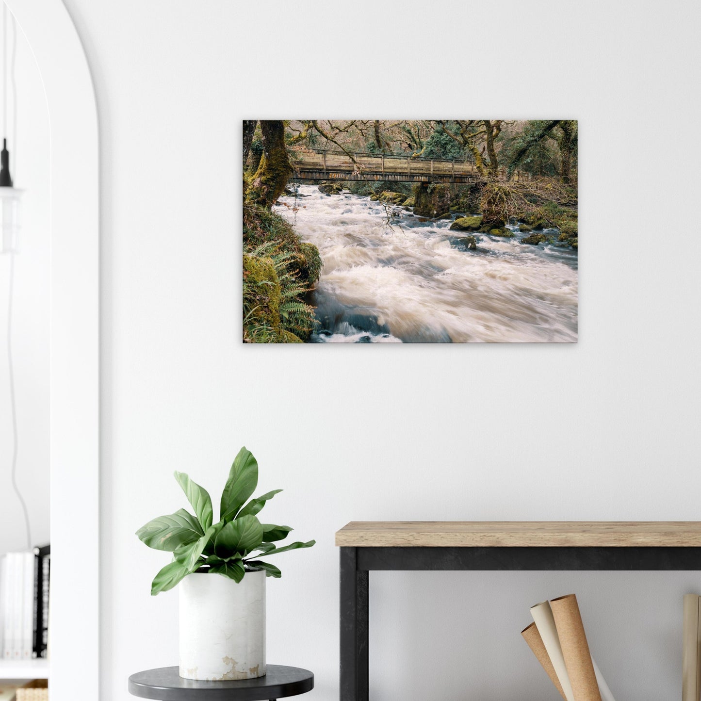 Dartmoor’s natural beauty expressed in a canvas of river, forest, and wooden footbridge