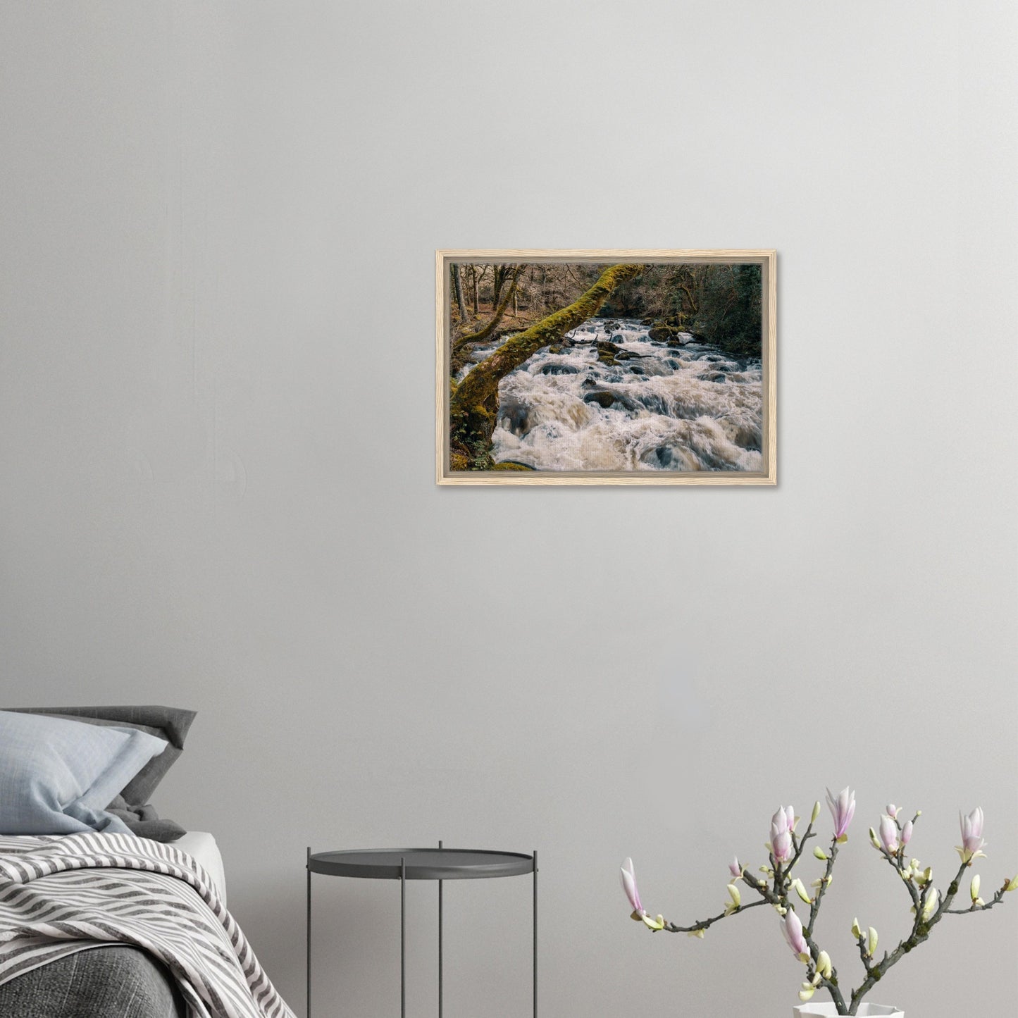 Moss-covered branches over River Plym in framed art
