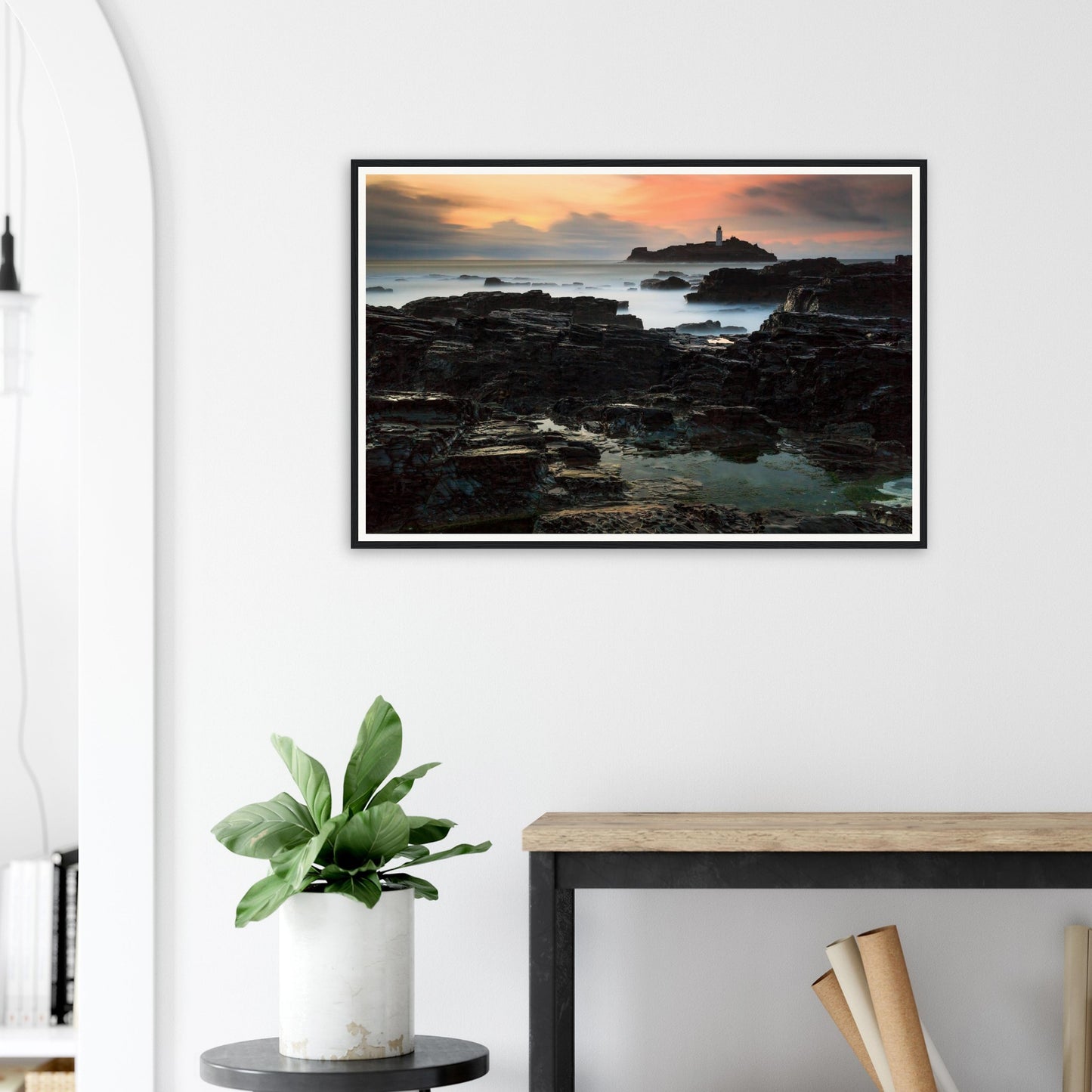 Golden hour seascape framed print of Godrevy Lighthouse Cornwall