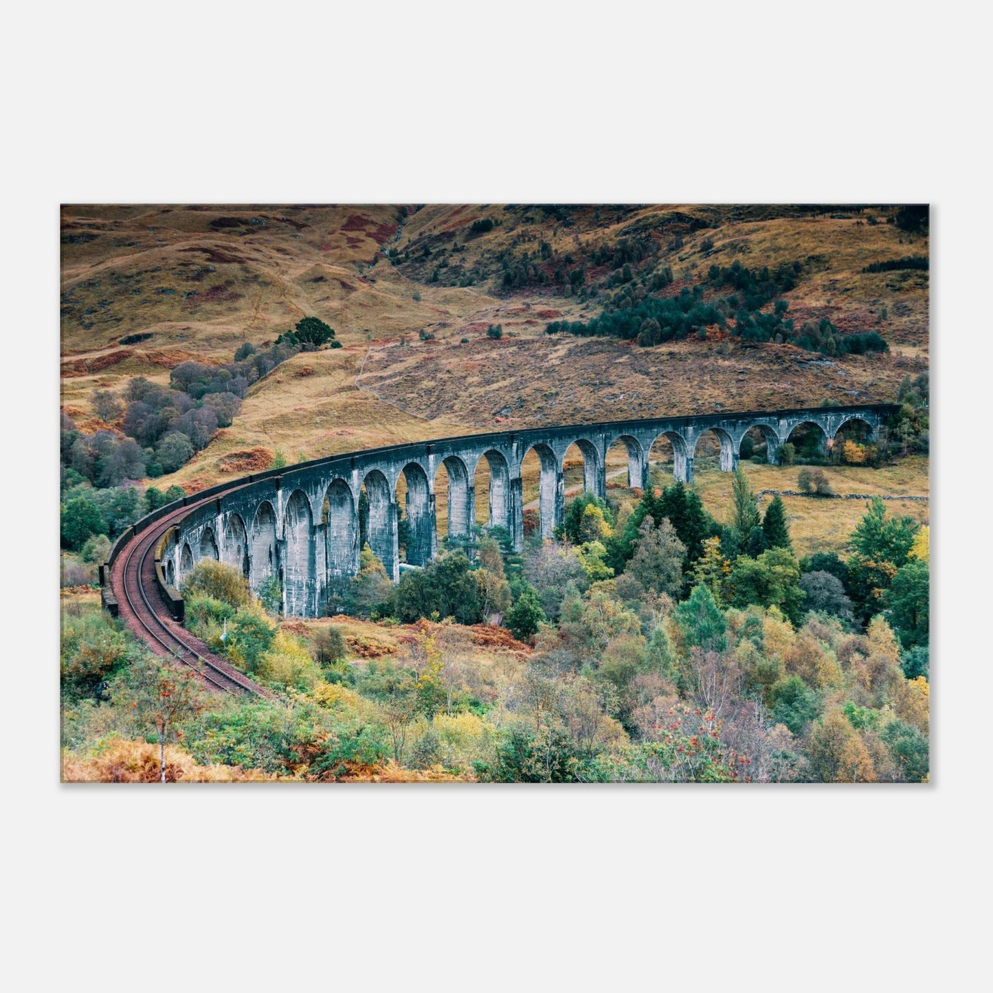 Scenic Glenfinnan Viaduct in Scotland with golden foliage on canvas