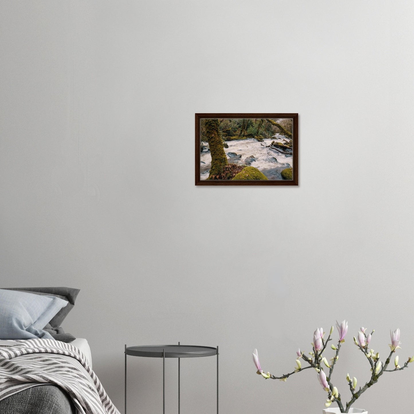 Framed art of Dartmoor river through moss-covered trees