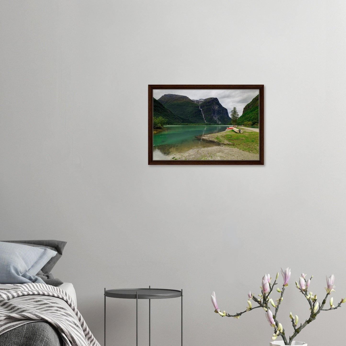 Mountain and waterfall in scenic Norway landscape artwork