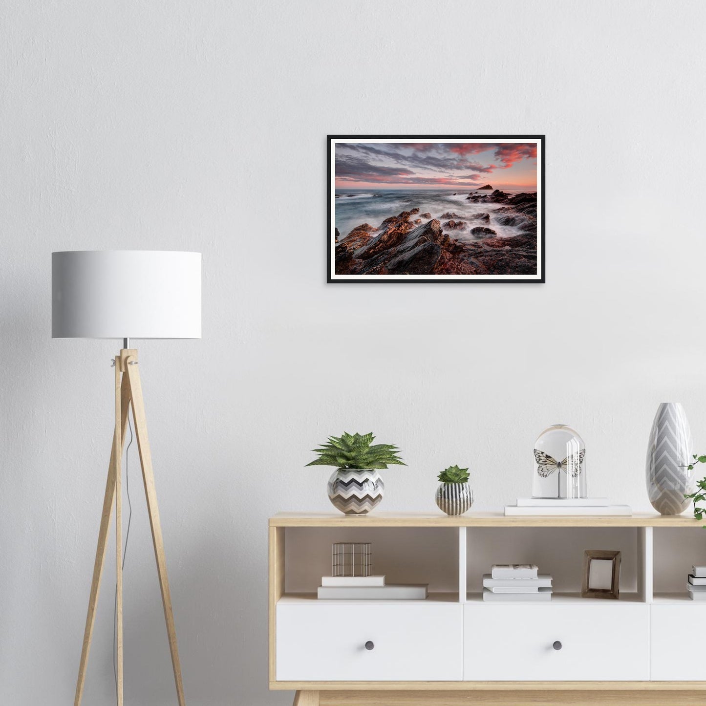 Framed print of the Mewstone viewed from Wembury Beach at dusk