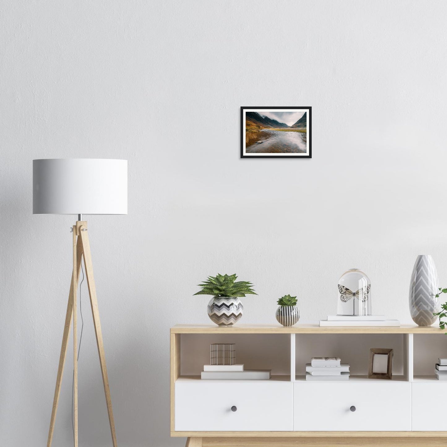 Atmospheric framed wall art of Loch Achtriochtan misty peaks