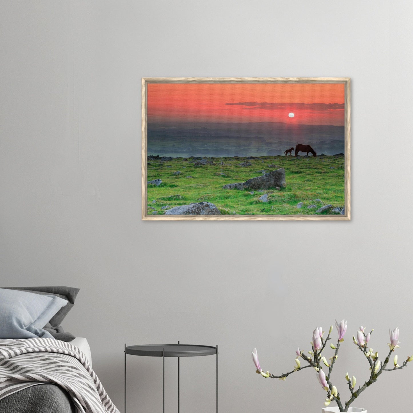 Dartmoor ponies and ancient stones in sunset framed print