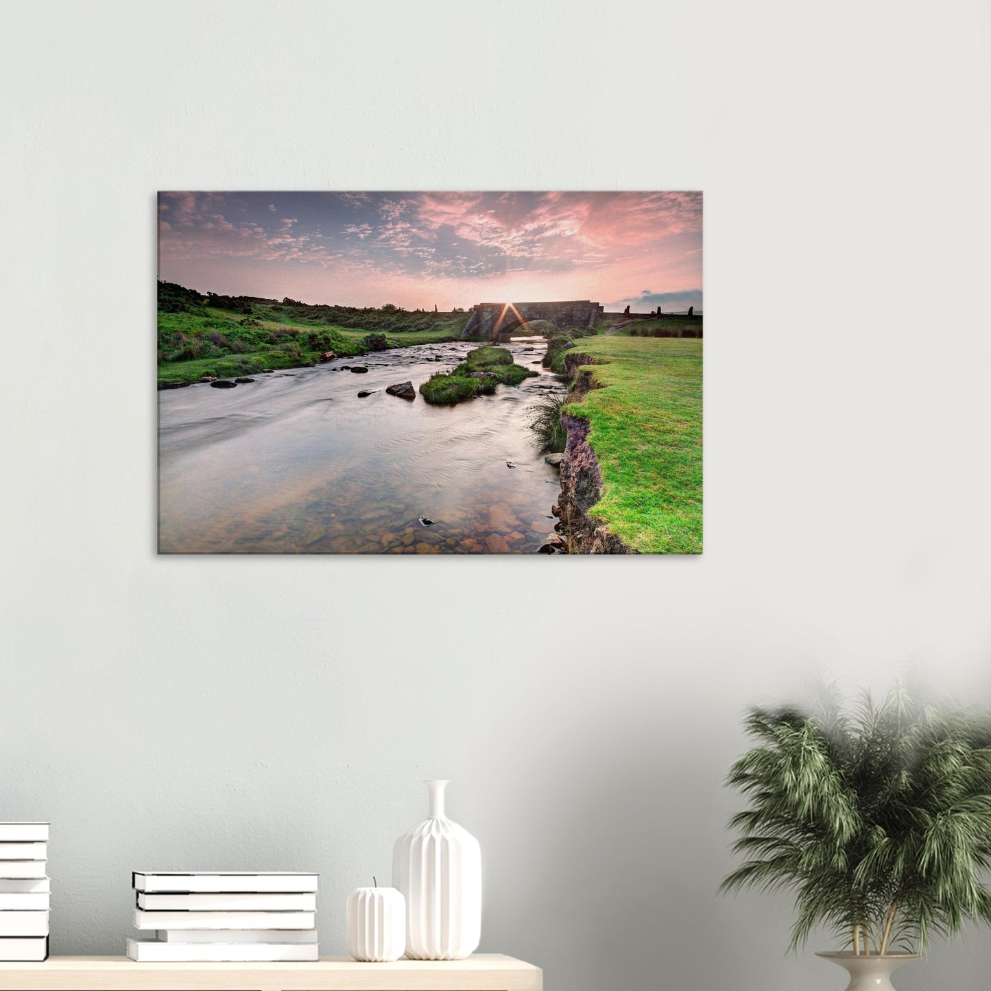Dartmoor sunrise landscape featuring river and historic bridge