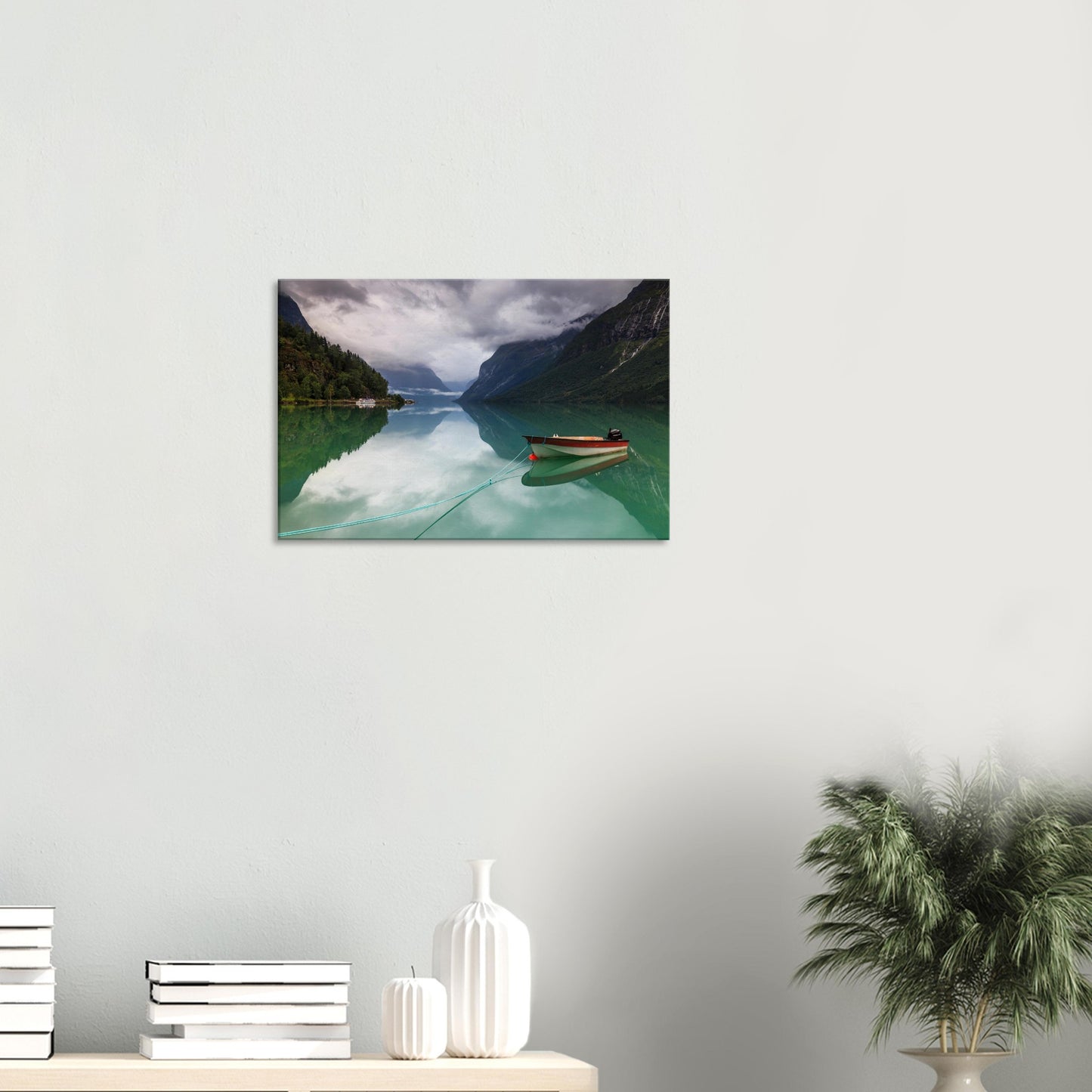 Canvas wall art of Norway’s Lovatnet Lake with boat floating near the shore.