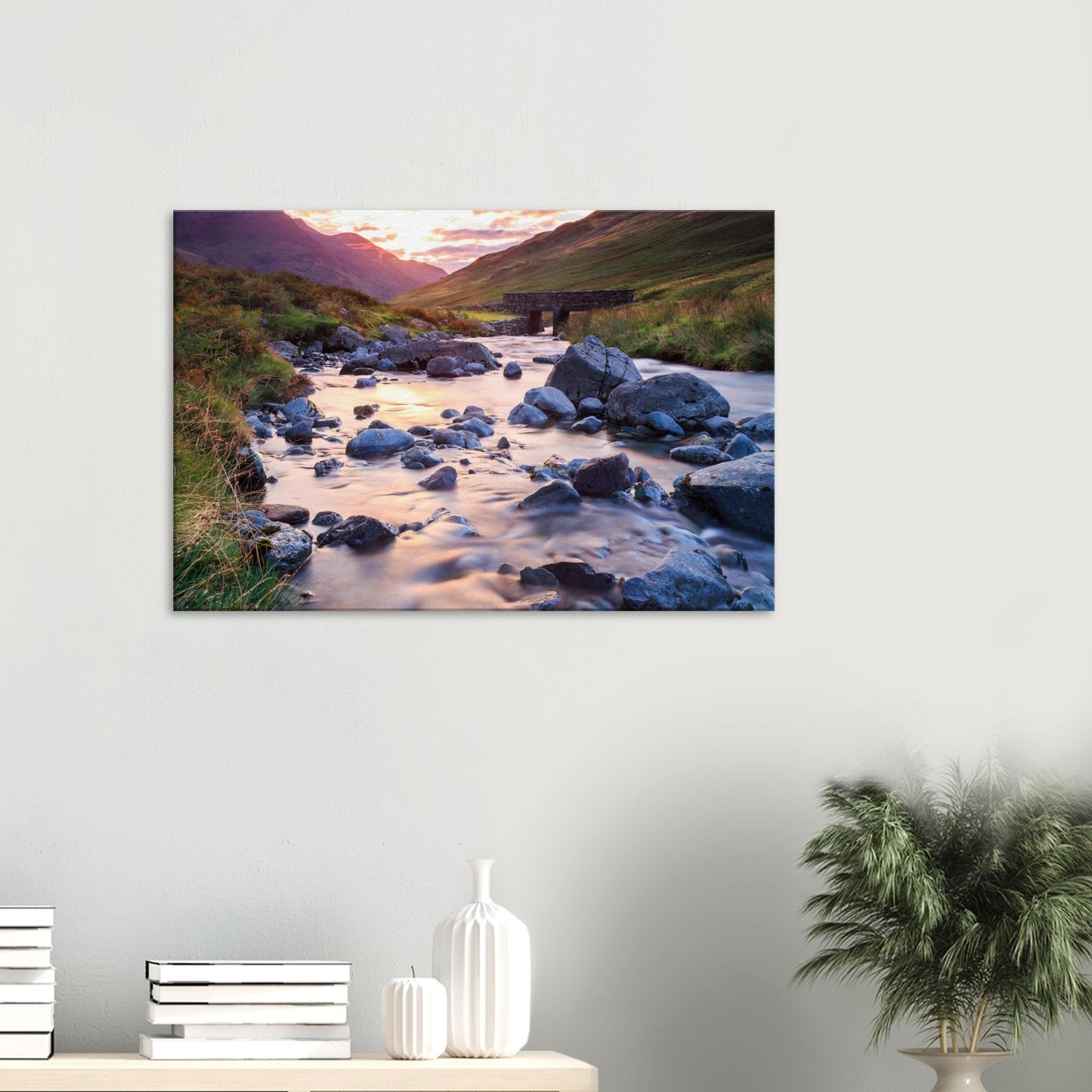Canvas artwork of Honister Pass at dusk, highlighting a silky stream, scattered stones, and a historic stone bridge.