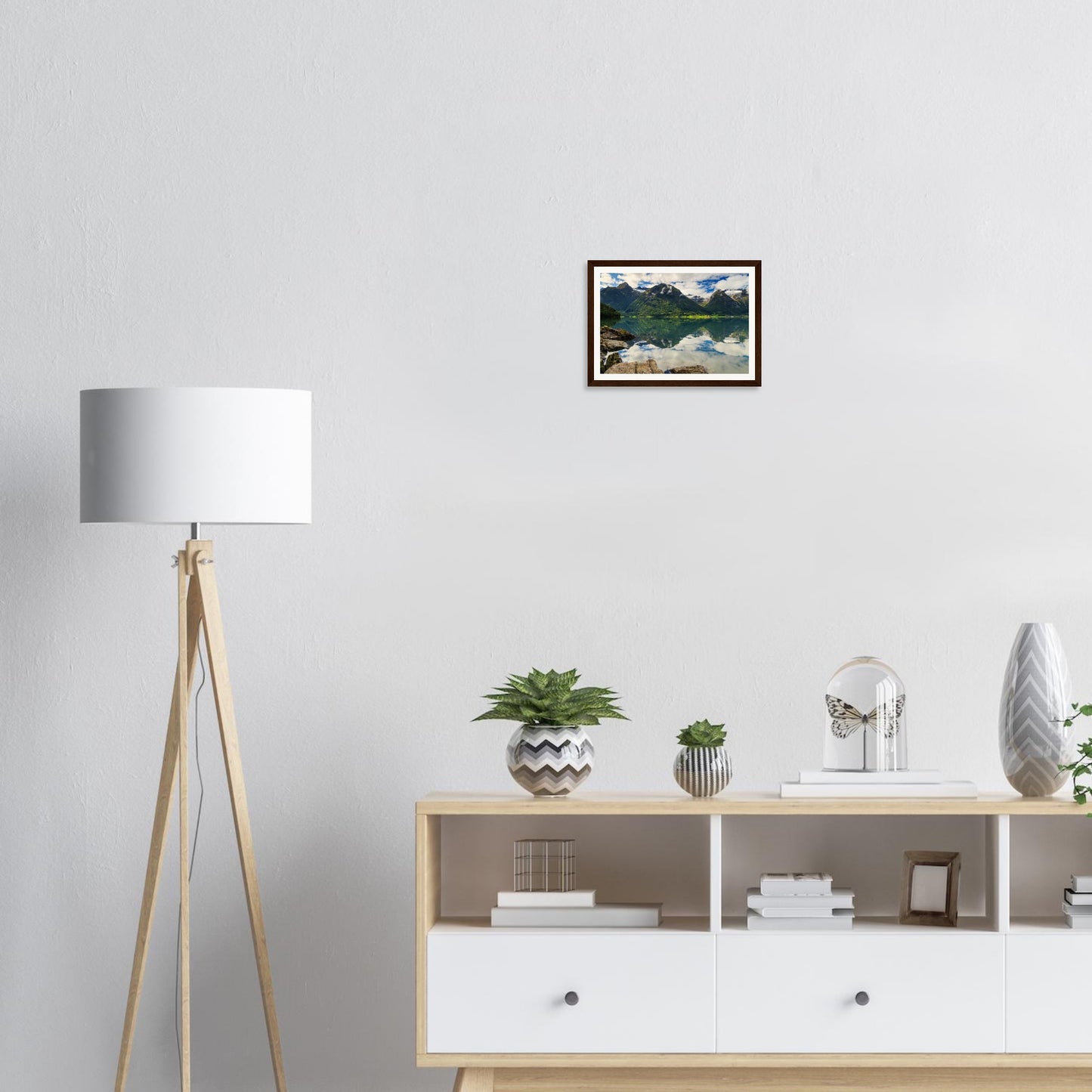 Serene reflections in Strynevatnet Lake Norway framed wall art