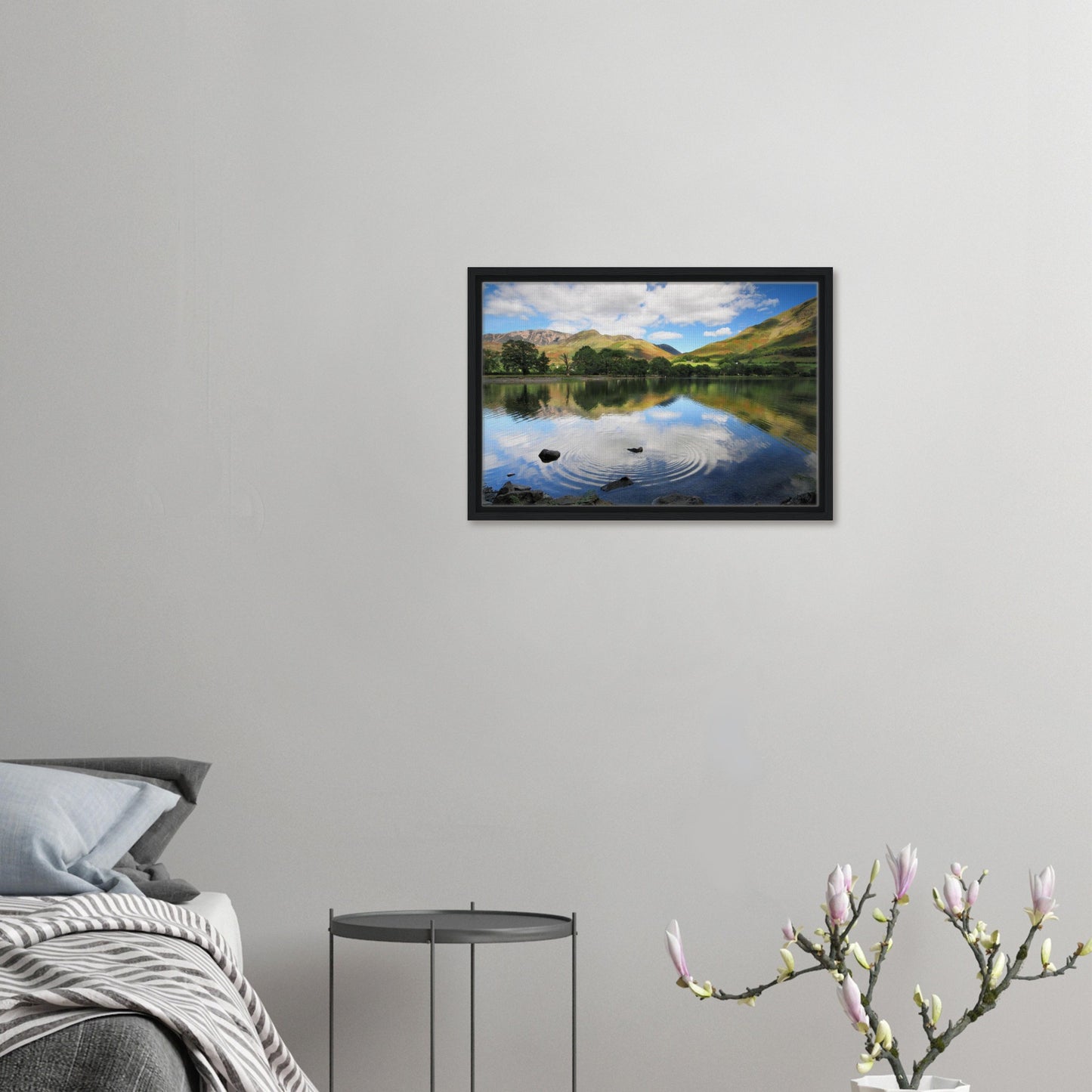 Calm Buttermere Lake artwork with stone ripples and reflection