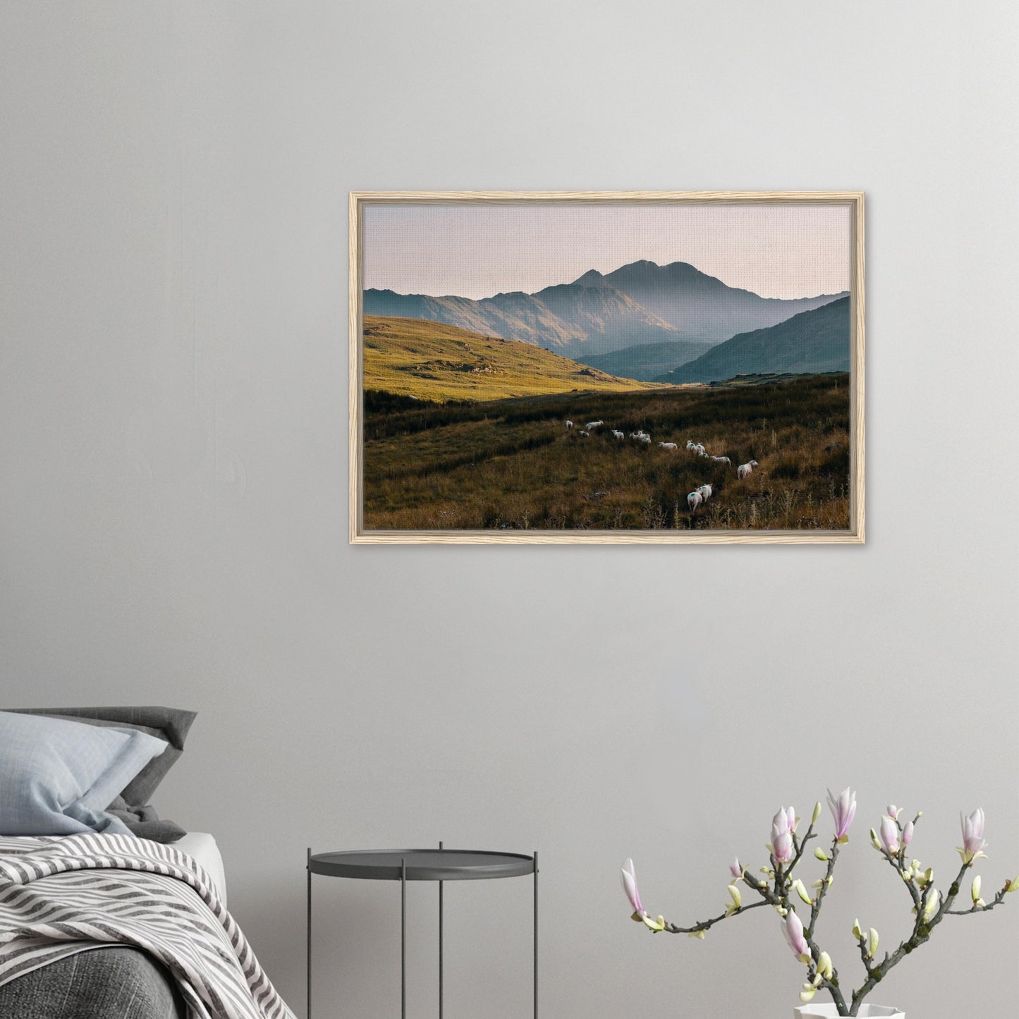 Snowdonia sunset framed wall art with flock of sheep
