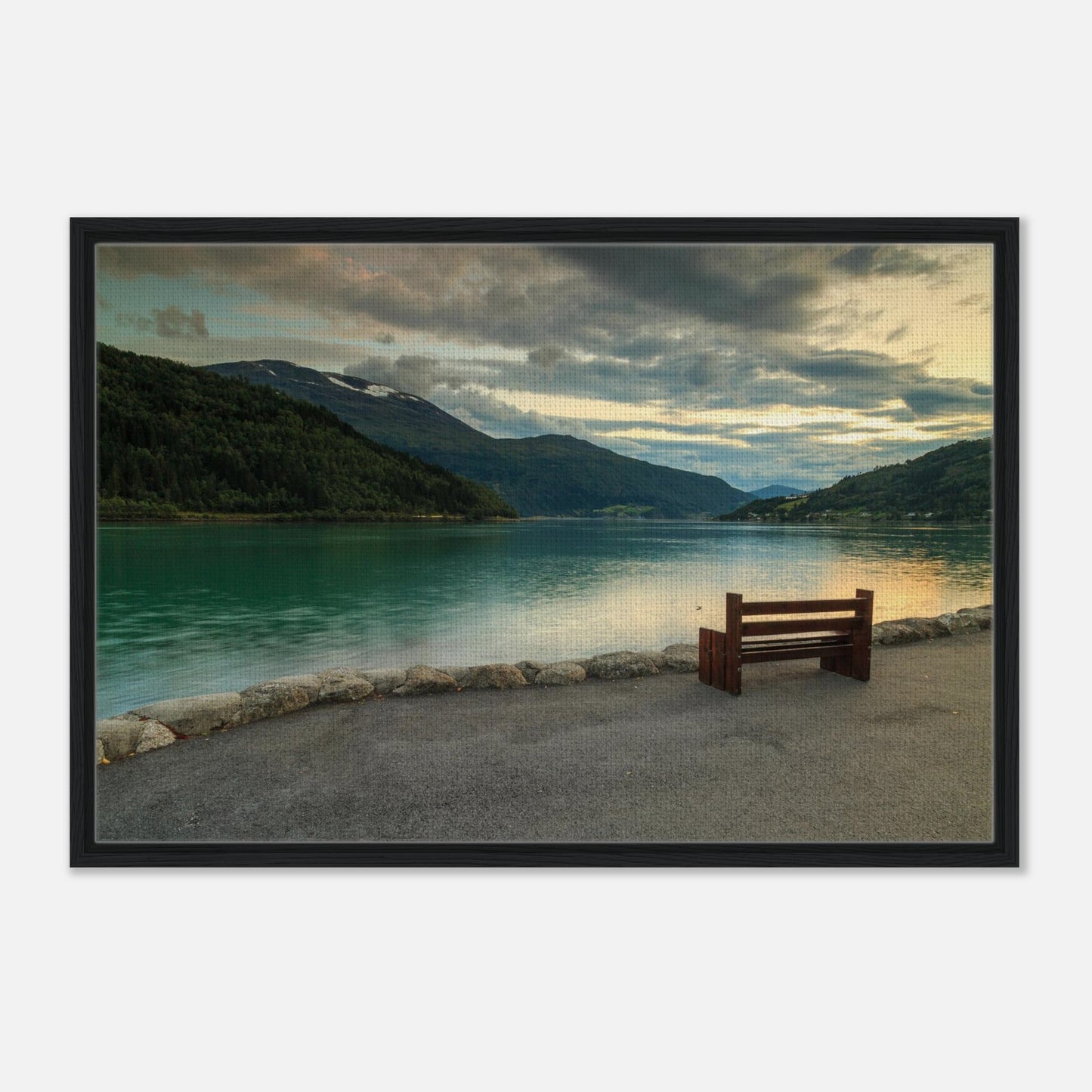 Peaceful Norwegian fjord landscape with lone bench in wall art