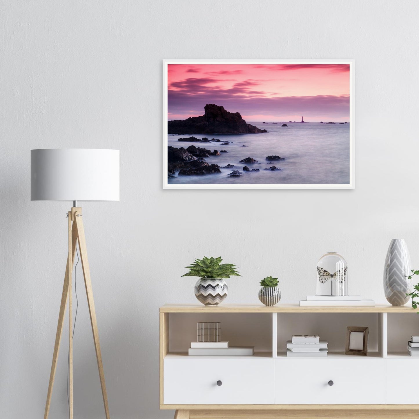 Les Hanois Lighthouse framed print with soft pastel afterglow sky