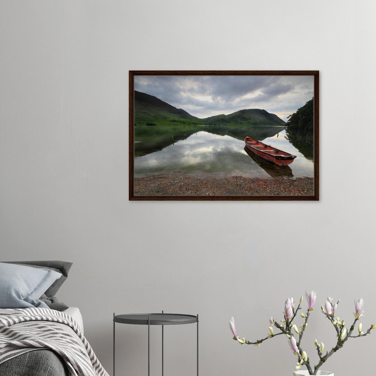 Solitary red boat by reflective lake in Crummock framed art